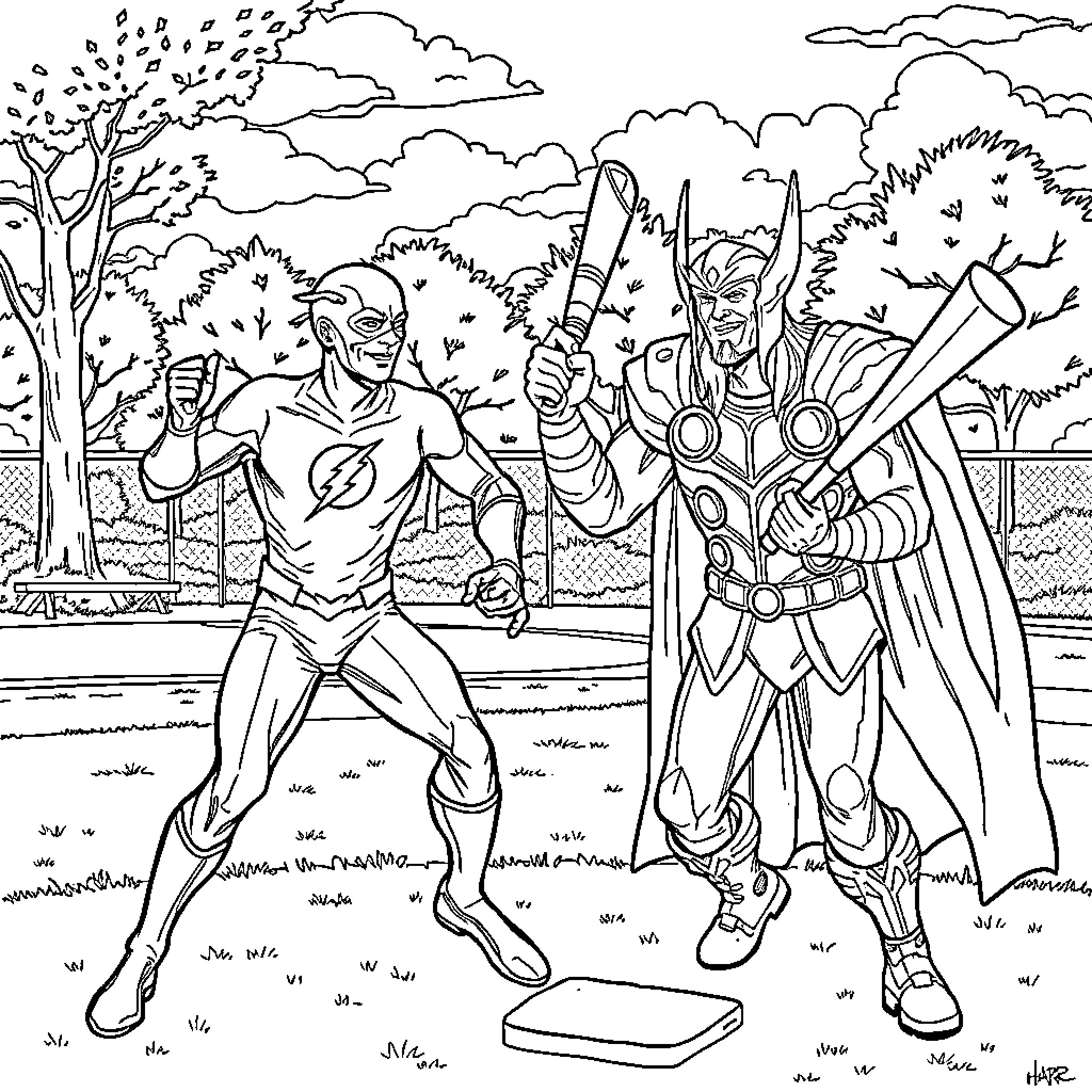 Superhero duo in epic battle outdoors Coloring Page (free black-and-white line drawing printable PDF for all, from beginners to advanced learners, including children, teens, adults, and seniors)