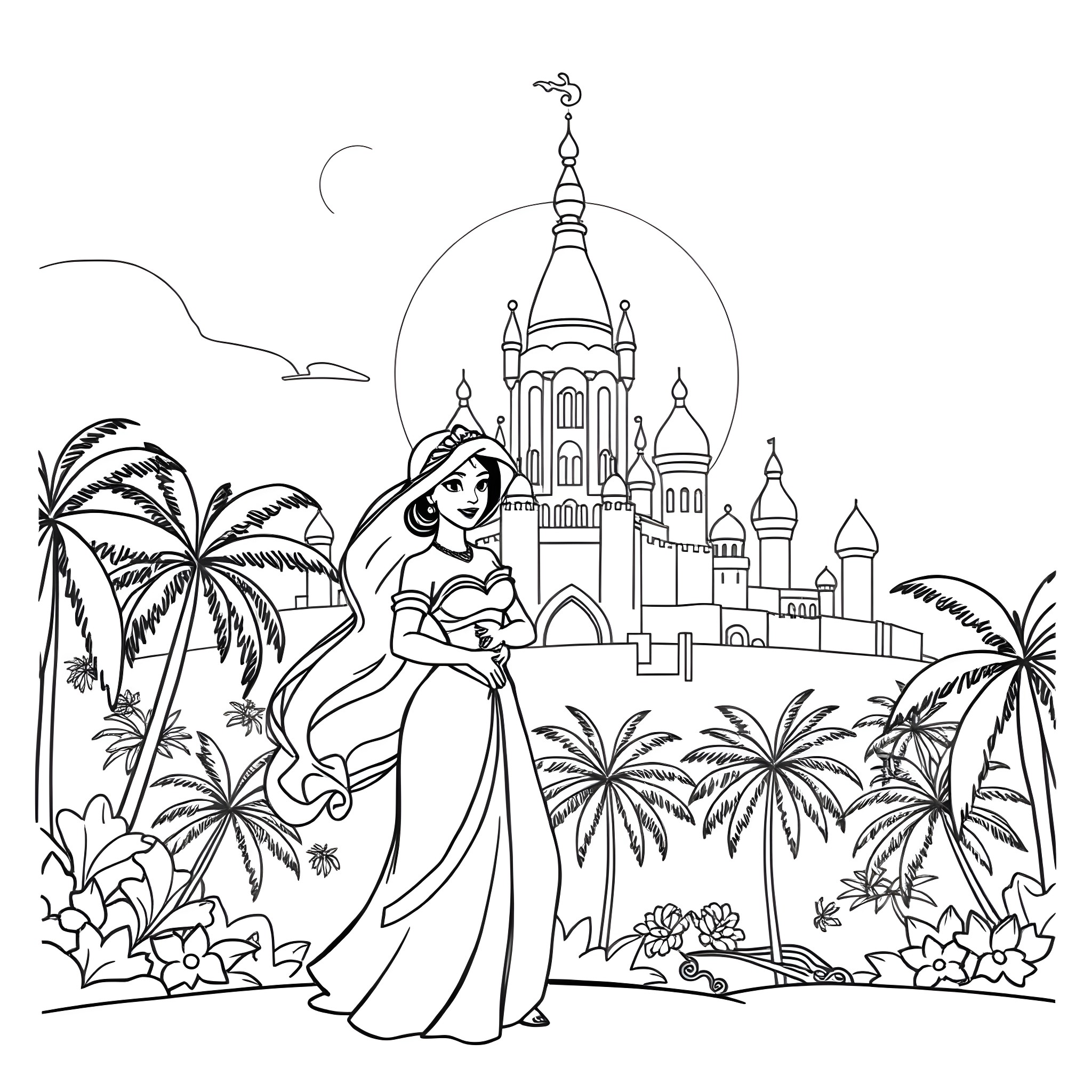 Jasmine exploring the enchanting palace gardens Coloring Page (free black-and-white line drawing printable PDF for all, from beginners to advanced learners, including children, teens, adults, and seniors)