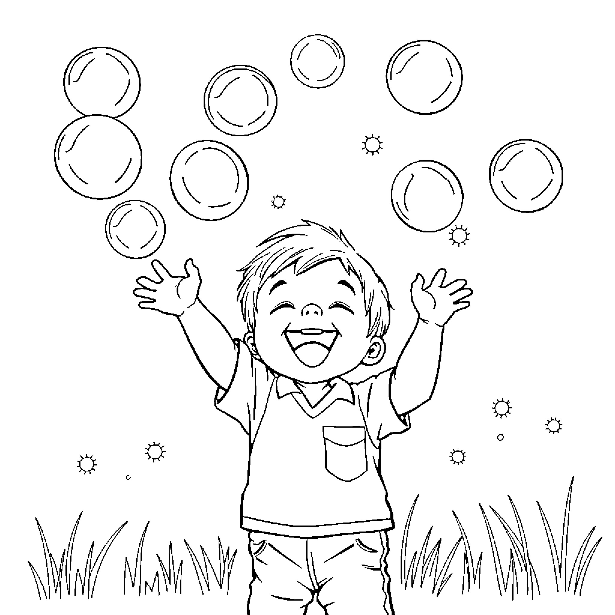 Boy playing joyfully with bubbles in the park Coloring Page (free black-and-white line drawing printable PDF for all, from beginners to advanced learners, including children, teens, adults, and seniors)