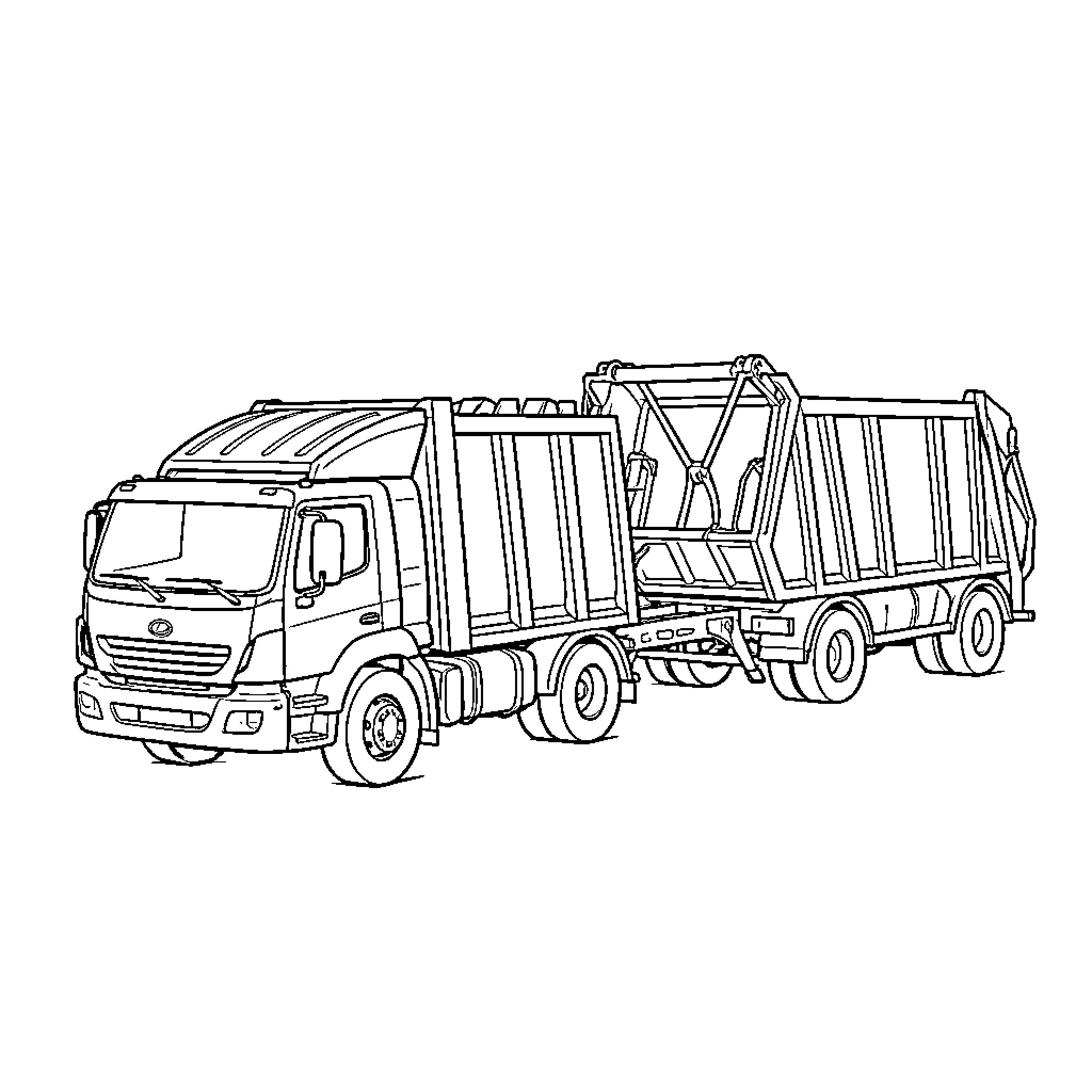 Garbage Truck transporting heavy waste containers Coloring Page (free black-and-white line drawing printable PDF for all, from beginners to advanced learners, including children, teens, adults, and seniors)