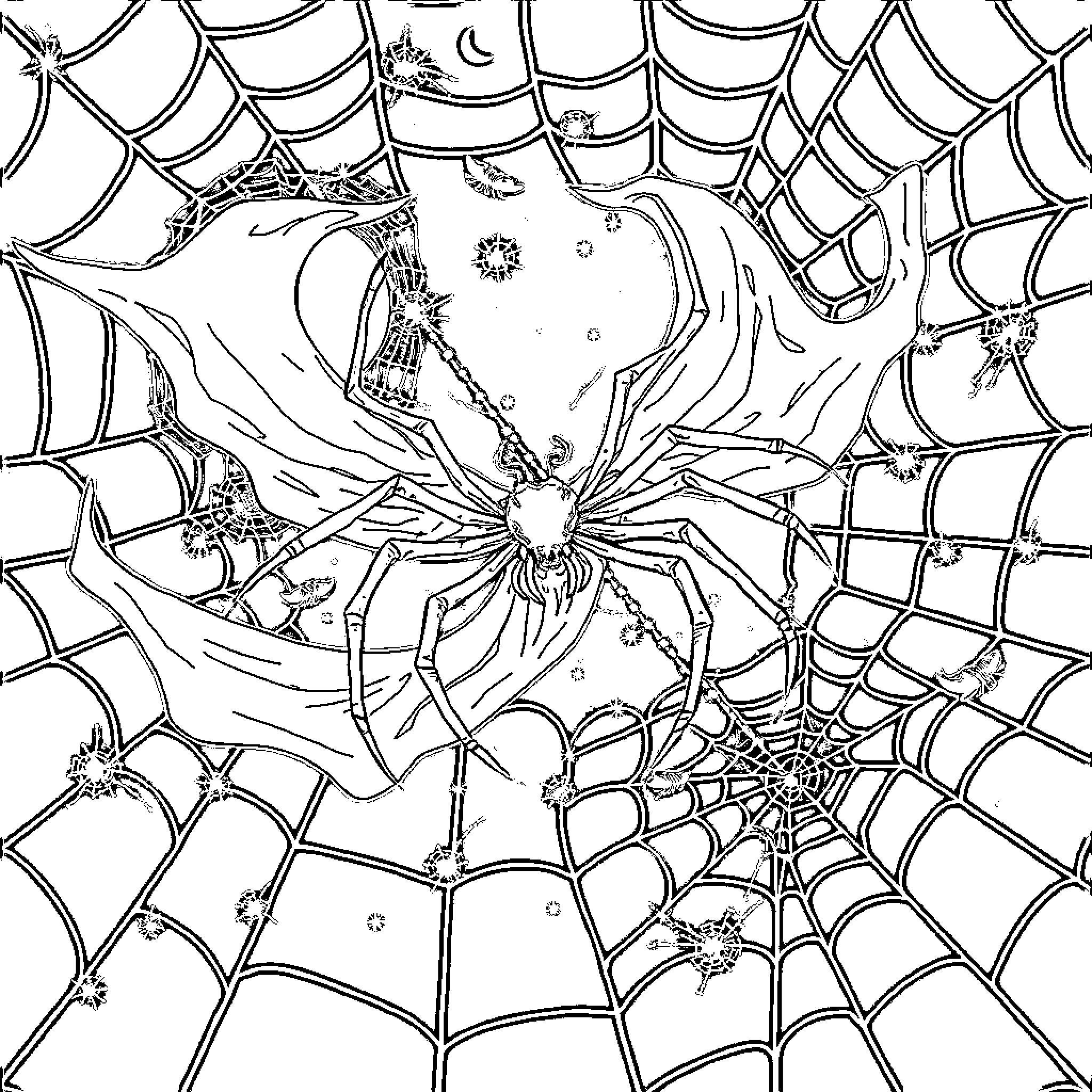 Ghost Spider Trapped in Intricate Webbed Lair Coloring Page (free black-and-white line drawing printable PDF for all, from beginners to advanced learners, including children, teens, adults, and seniors)