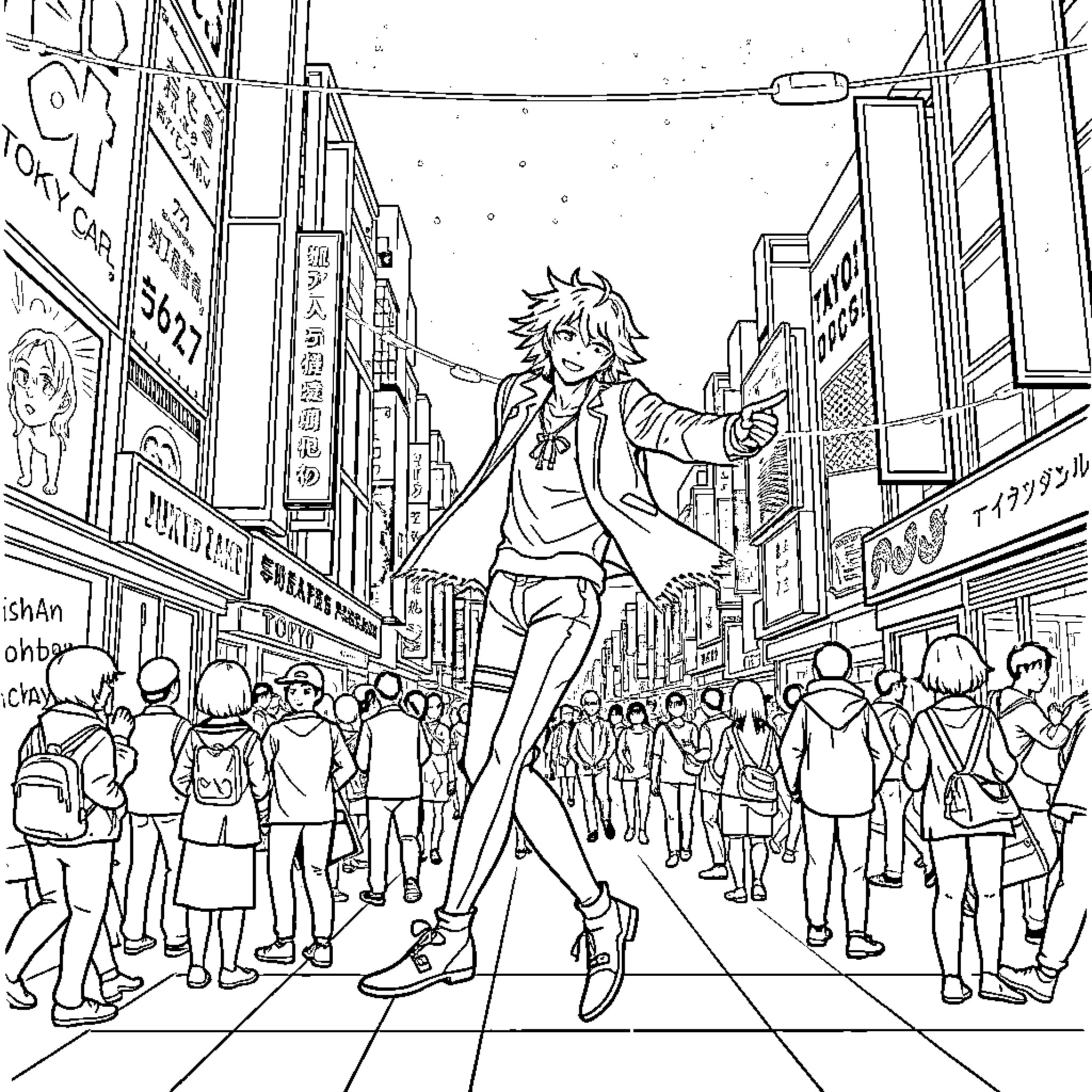 Ichigo Exploring the City Streets Coloring Page (free black-and-white line drawing printable PDF for all, from beginners to advanced learners, including children, teens, adults, and seniors)