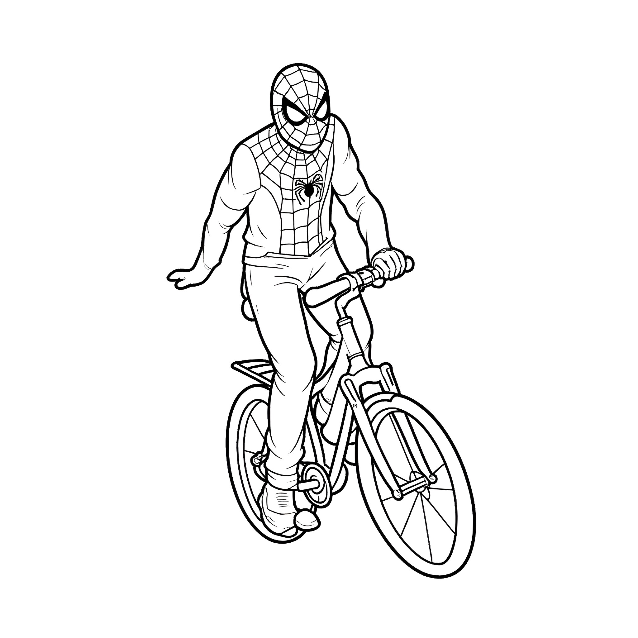 Spiderman riding a bicycle in action pose Coloring Page (free black-and-white line drawing printable PDF for all, from beginners to advanced learners, including children, teens, adults, and seniors)