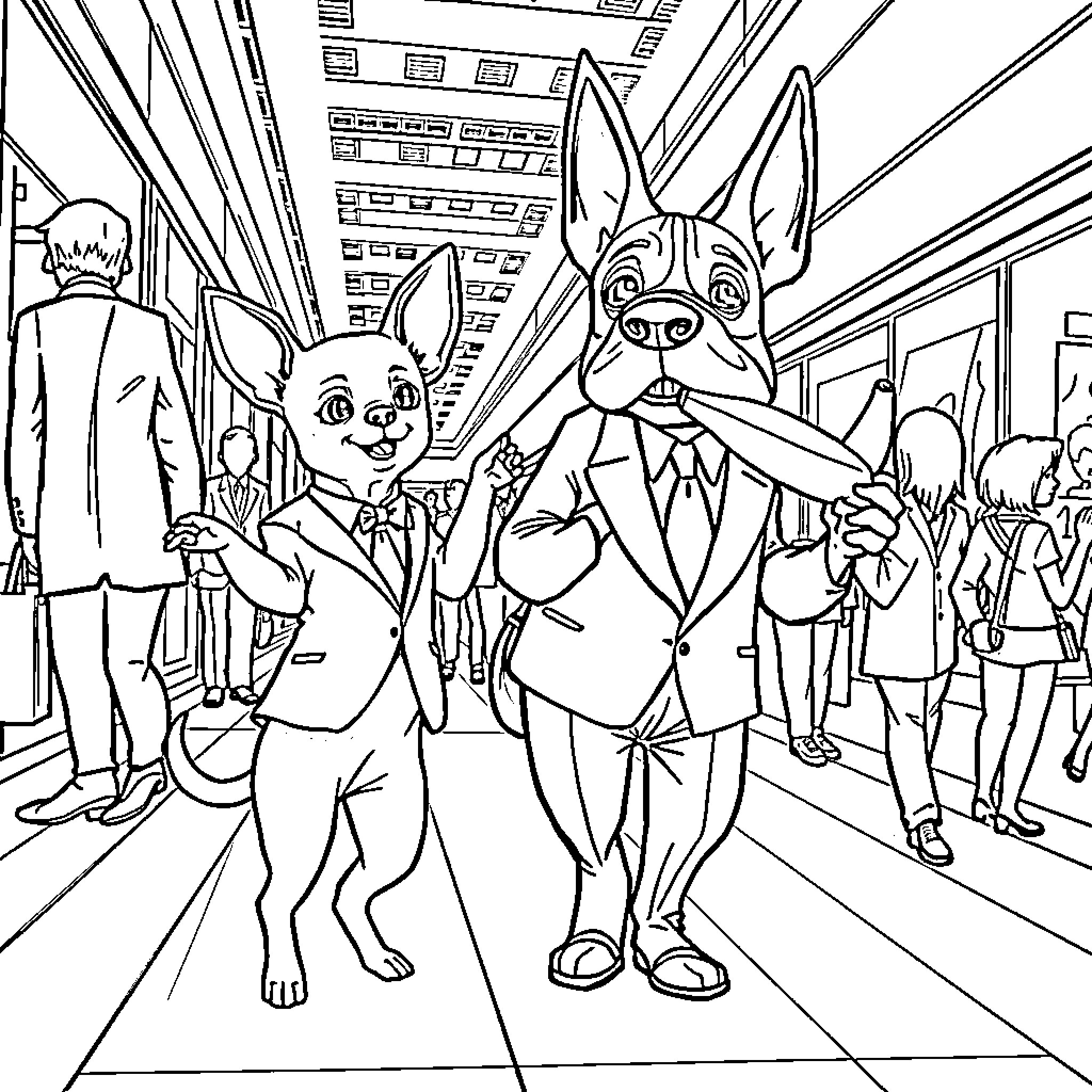 Chihuahuas in suits strolling down a crowded city street Coloring Page (free black-and-white line drawing printable PDF for all, from beginners to advanced learners, including children, teens, adults, and seniors)