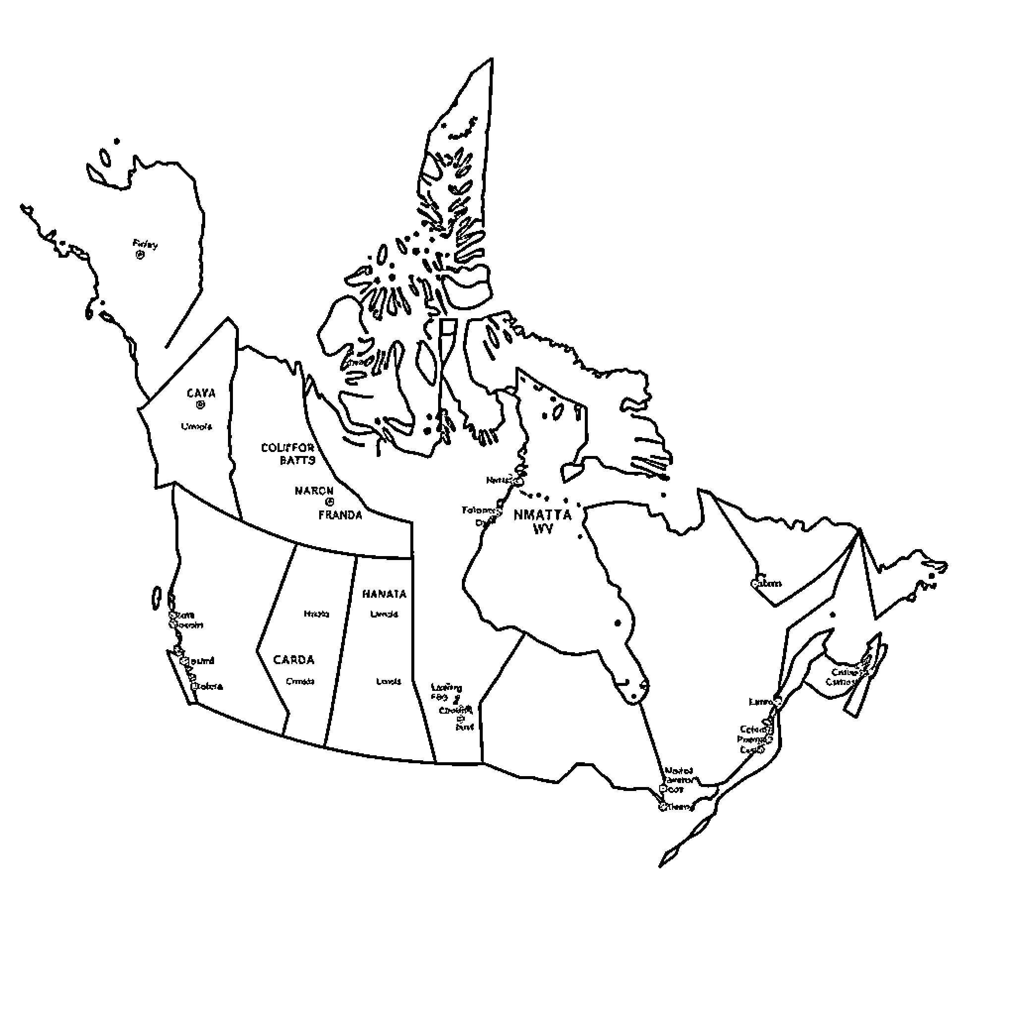 Map of regions and locations across Canada Coloring Page (free black-and-white line drawing printable PDF for all, from beginners to advanced learners, including children, teens, adults, and seniors)