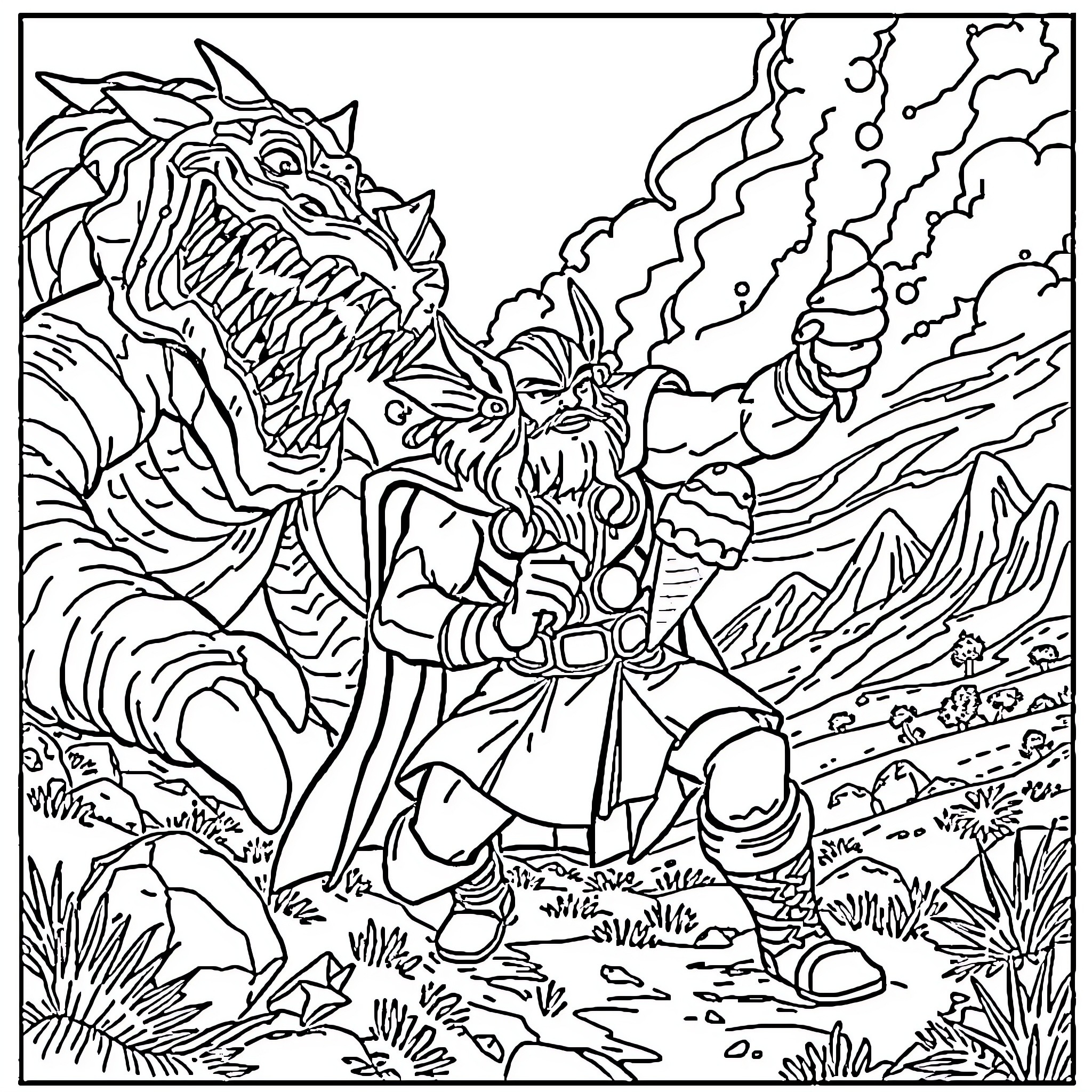 Thor battling a fearsome beast in a rugged landscape Coloring Page (free black-and-white line drawing printable PDF for all, from beginners to advanced learners, including children, teens, adults, and seniors)