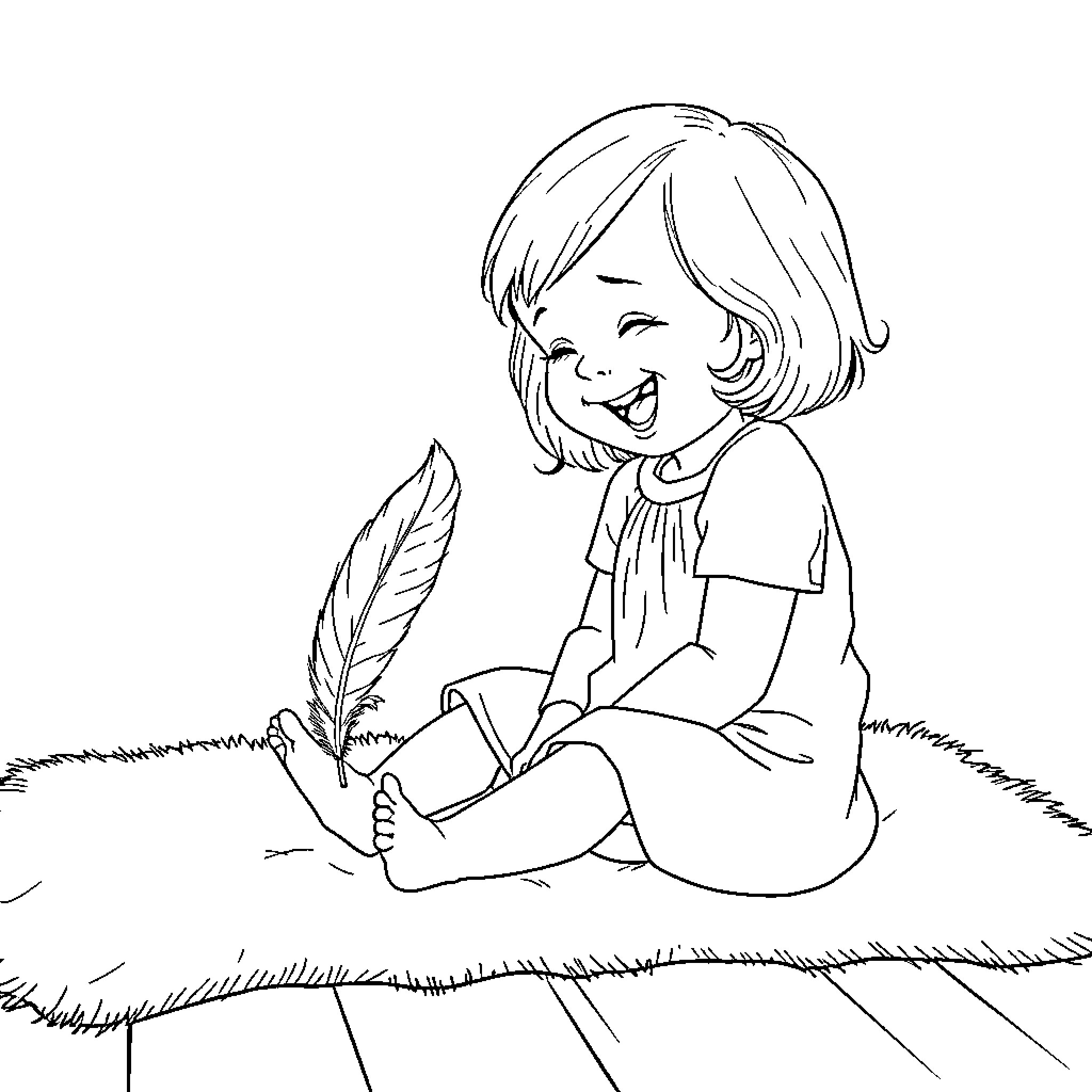 Girl joyfully sketching on the grass Coloring Page (free black-and-white line drawing printable PDF for all, from beginners to advanced learners, including children, teens, adults, and seniors)