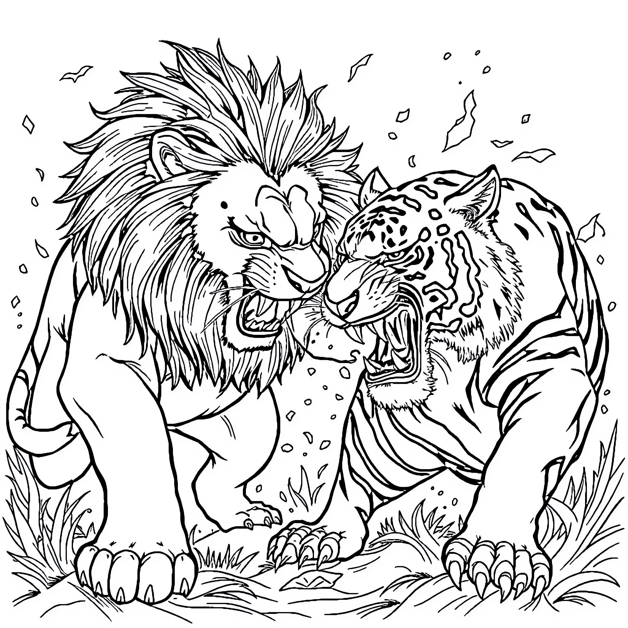 Lion vs Tiger Fierce Battle in the Wild Coloring Page (free black-and-white line drawing printable PDF for all, from beginners to advanced learners, including children, teens, adults, and seniors)