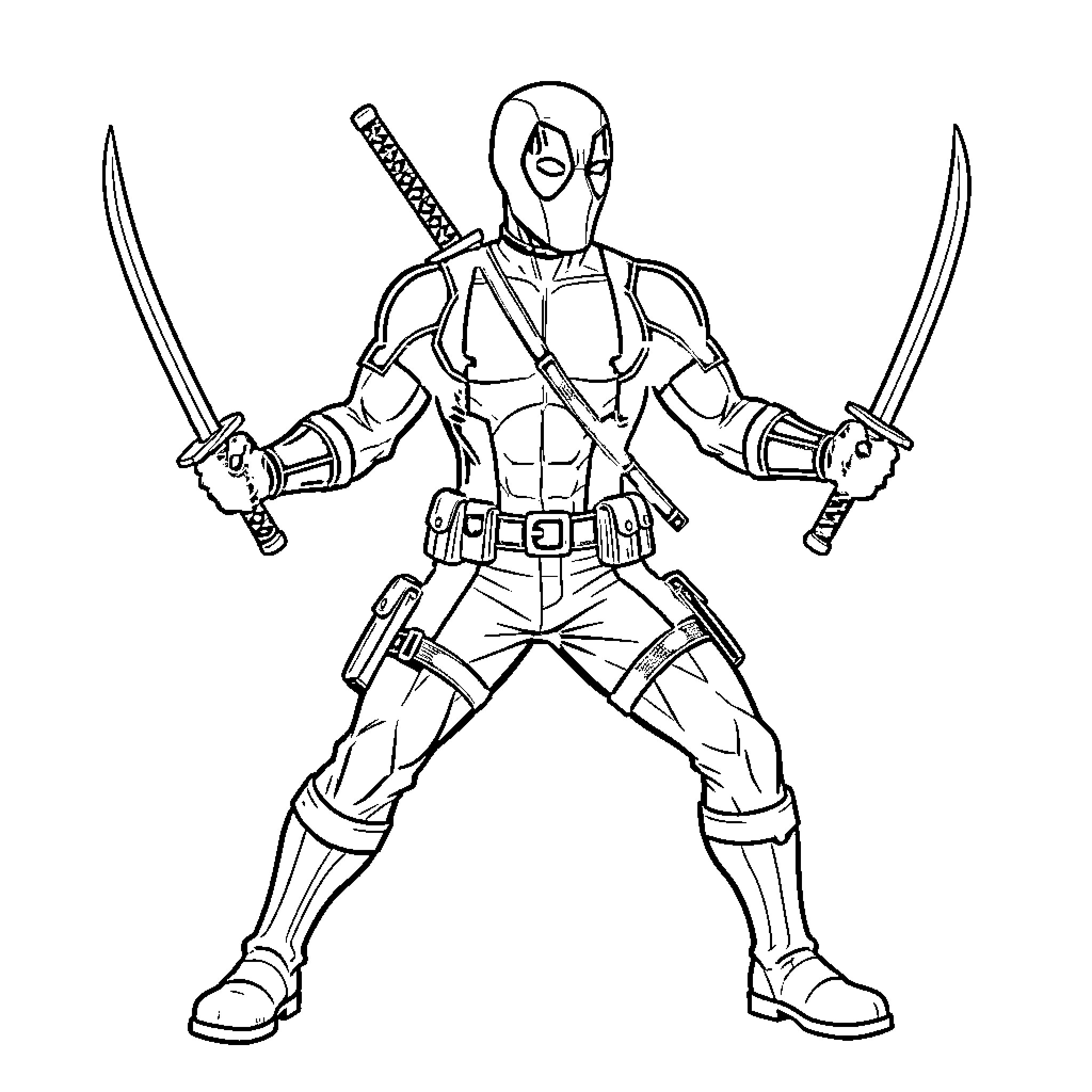 Deadpool posing with dual swords and gear Coloring Page (free black-and-white line drawing printable PDF for all, from beginners to advanced learners, including children, teens, adults, and seniors)