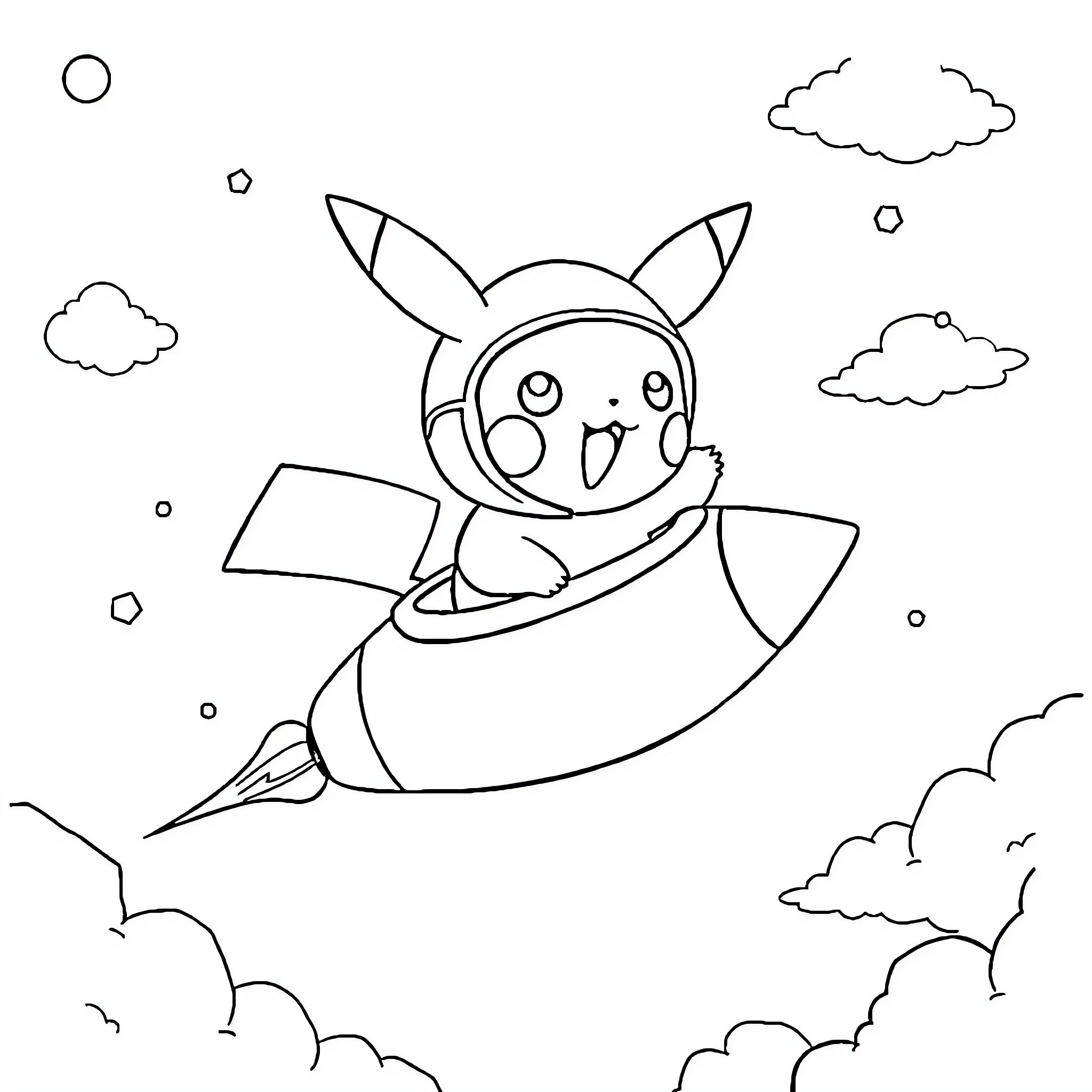 Pikachu flying in a rocket through the sky Coloring Page (free black-and-white line drawing printable PDF for all, from beginners to advanced learners, including children, teens, adults, and seniors)