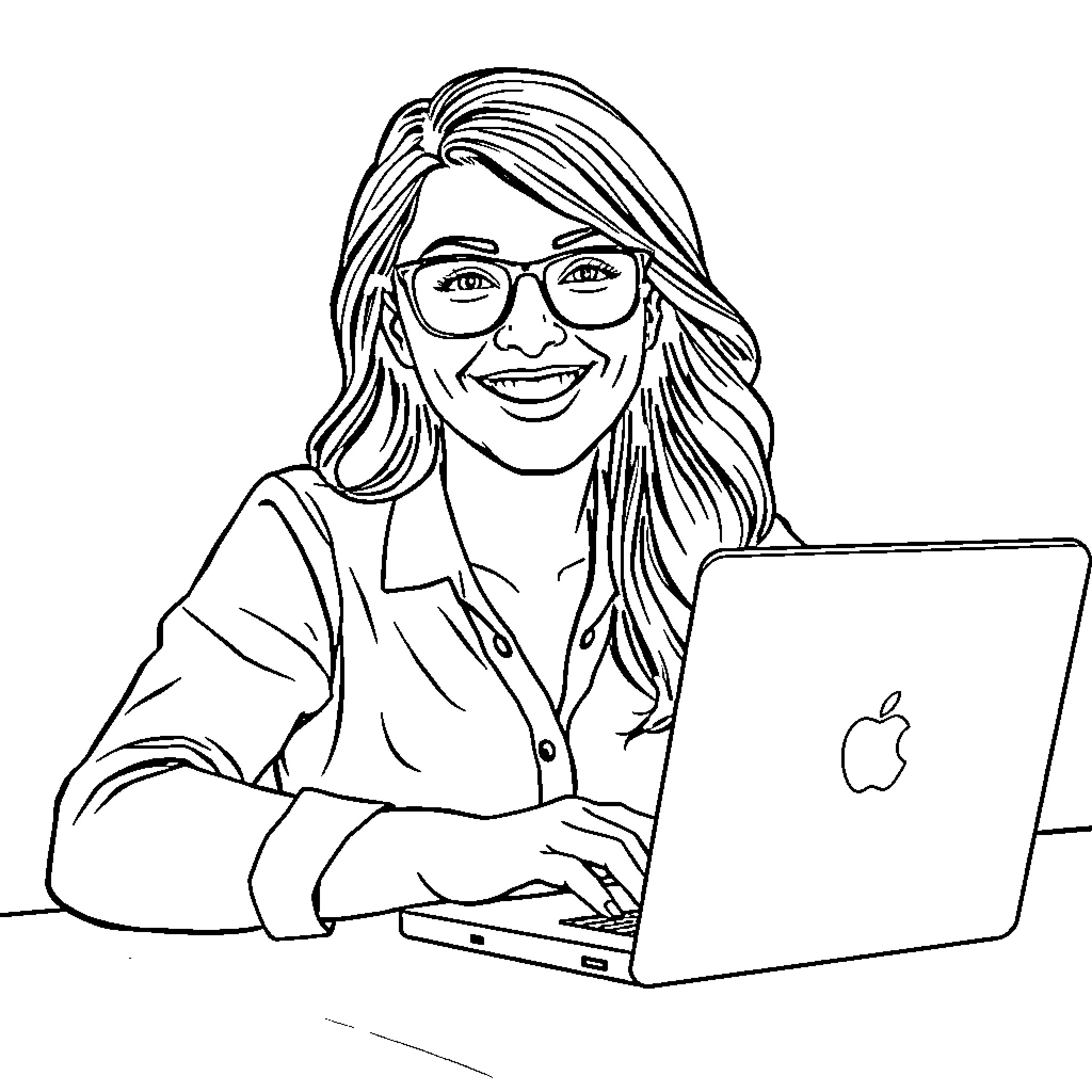 Woman using laptop with a friendly expression Coloring Page (free black-and-white line drawing printable PDF for all, from beginners to advanced learners, including children, teens, adults, and seniors)