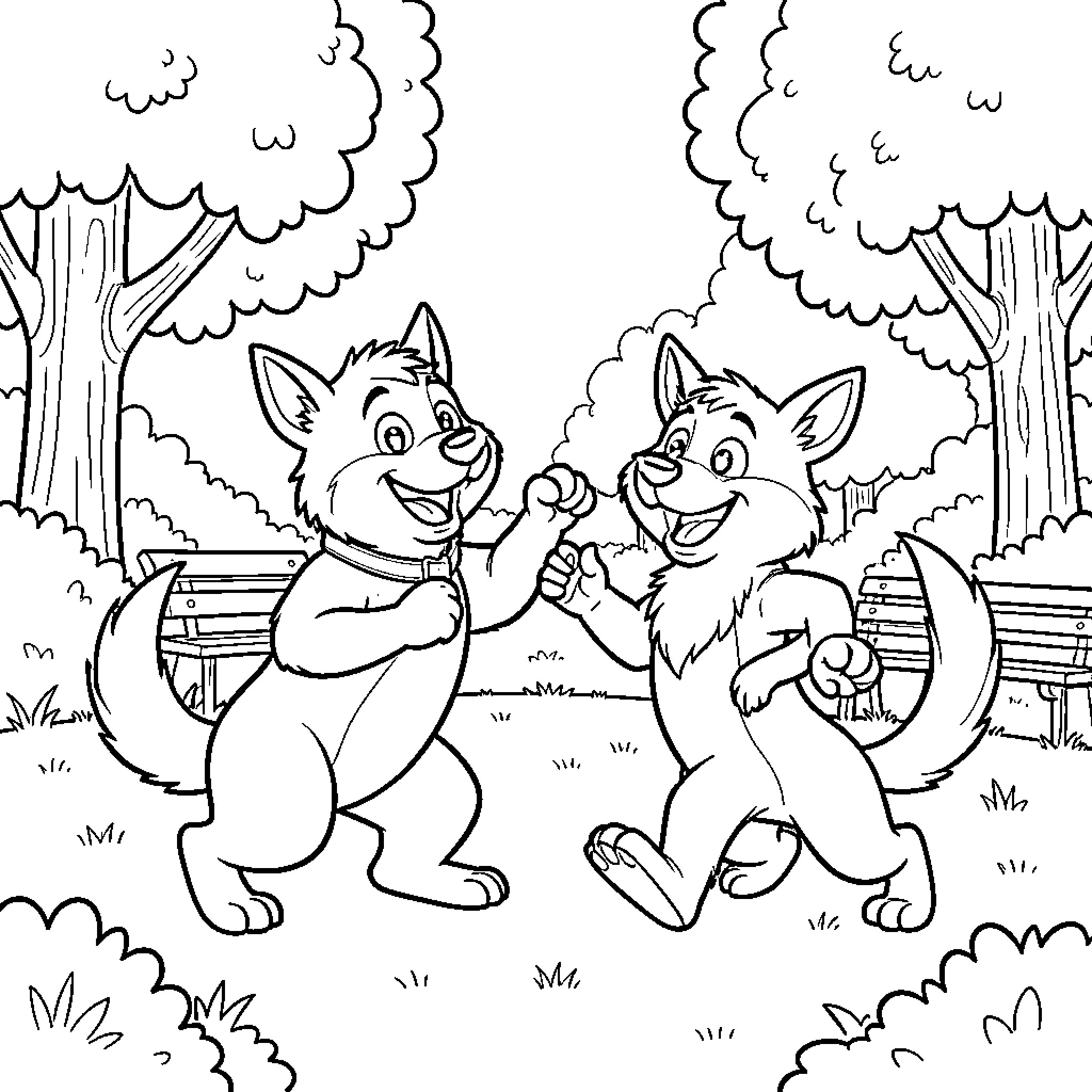 Buster and friend high-fiving joyfully in a park Coloring Page (free black-and-white line drawing printable PDF for all, from beginners to advanced learners, including children, teens, adults, and seniors)