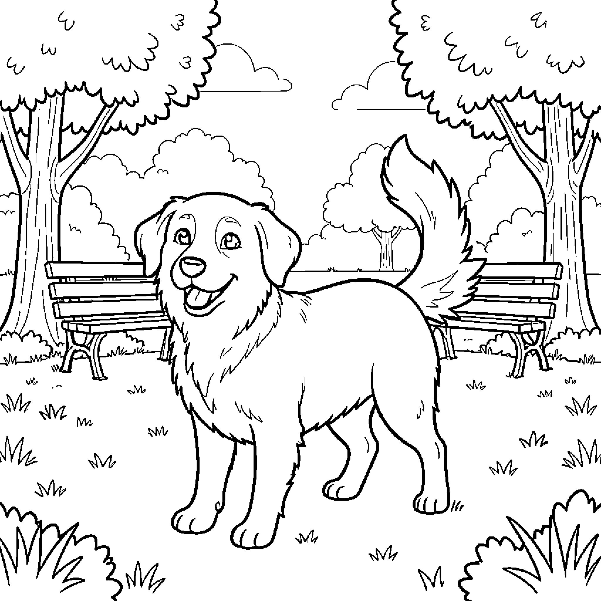 Dog enjoying a park scene Coloring Page (free black-and-white line drawing printable PDF for all, from beginners to advanced learners, including children, teens, adults, and seniors)