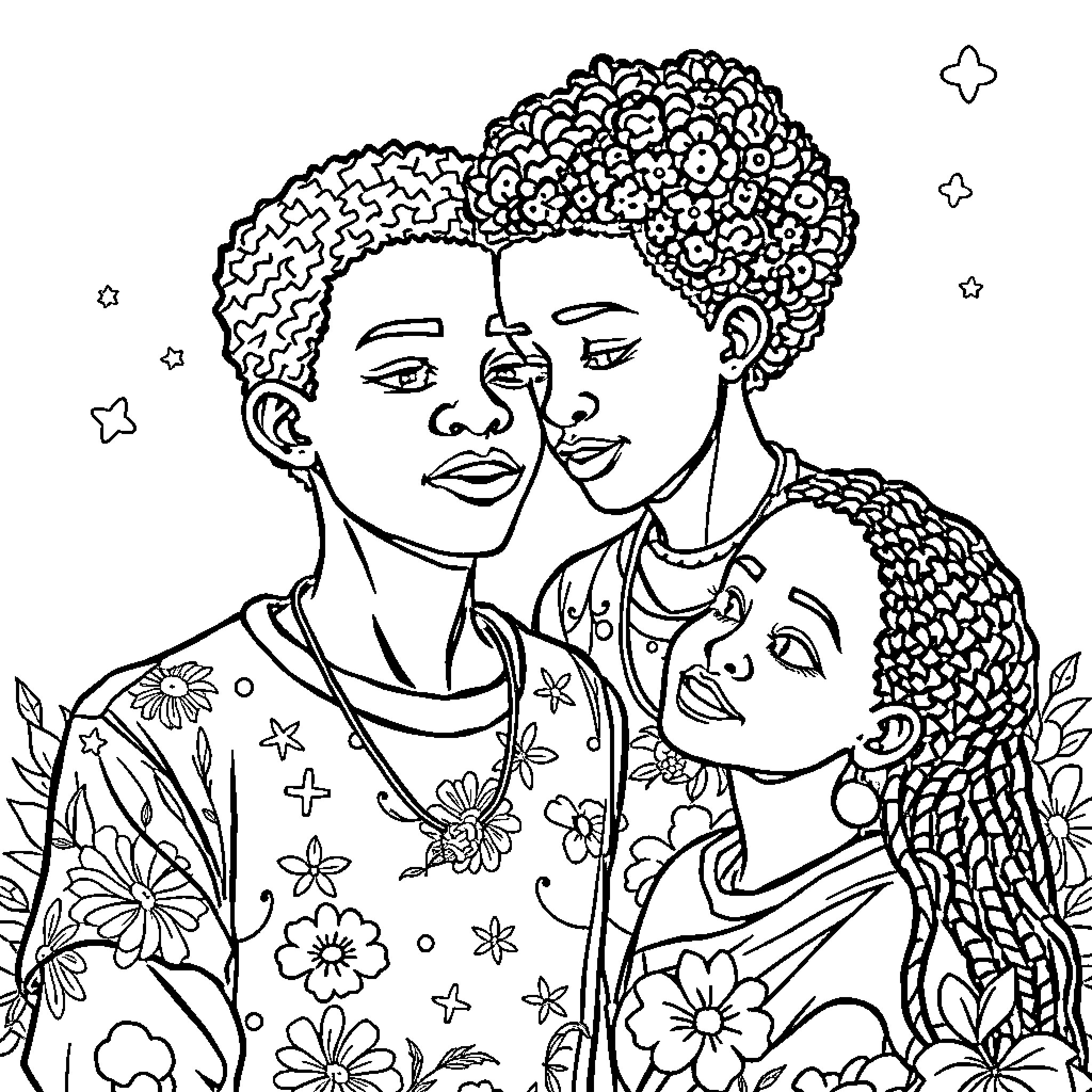 Teenager siblings embrace in floral field Coloring Page (free black-and-white line drawing printable PDF for all, from beginners to advanced learners, including children, teens, adults, and seniors)