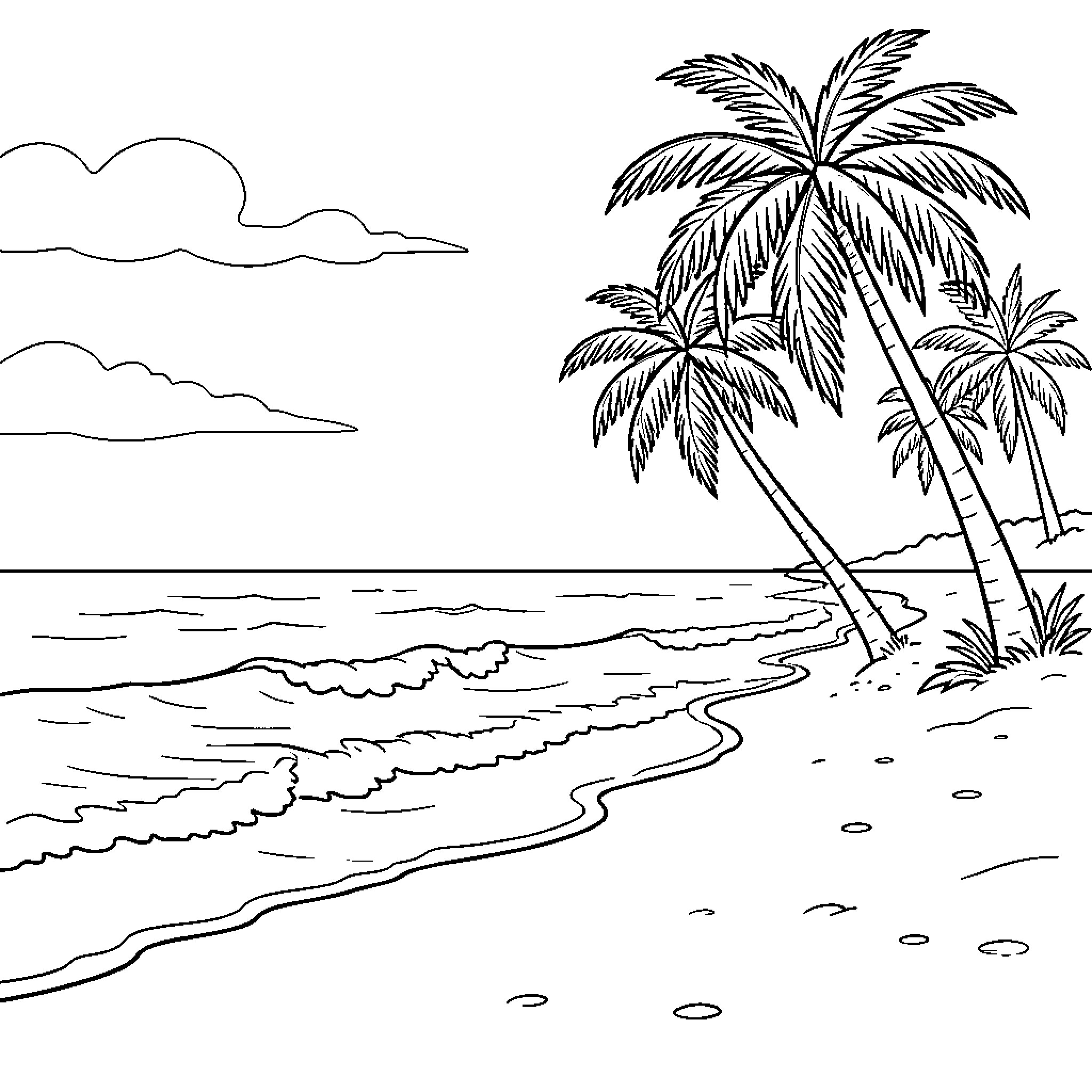 Beach scene with palm trees and ocean waves Coloring Page (free black-and-white line drawing printable PDF for all, from beginners to advanced learners, including children, teens, adults, and seniors)