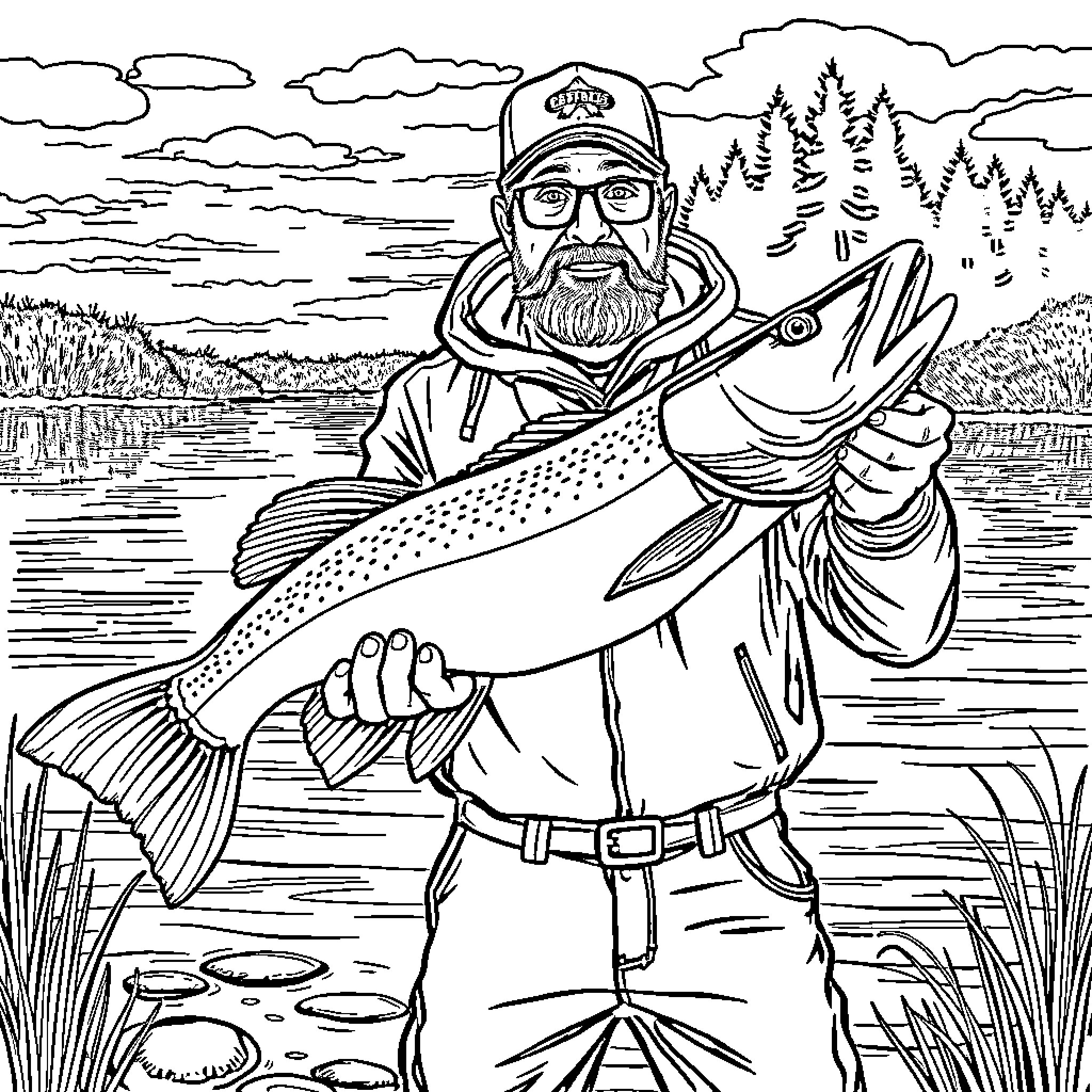 Fisherman holding a large fish in a scenic landscape Coloring Page (free black-and-white line drawing printable PDF for all, from beginners to advanced learners, including children, teens, adults, and seniors)