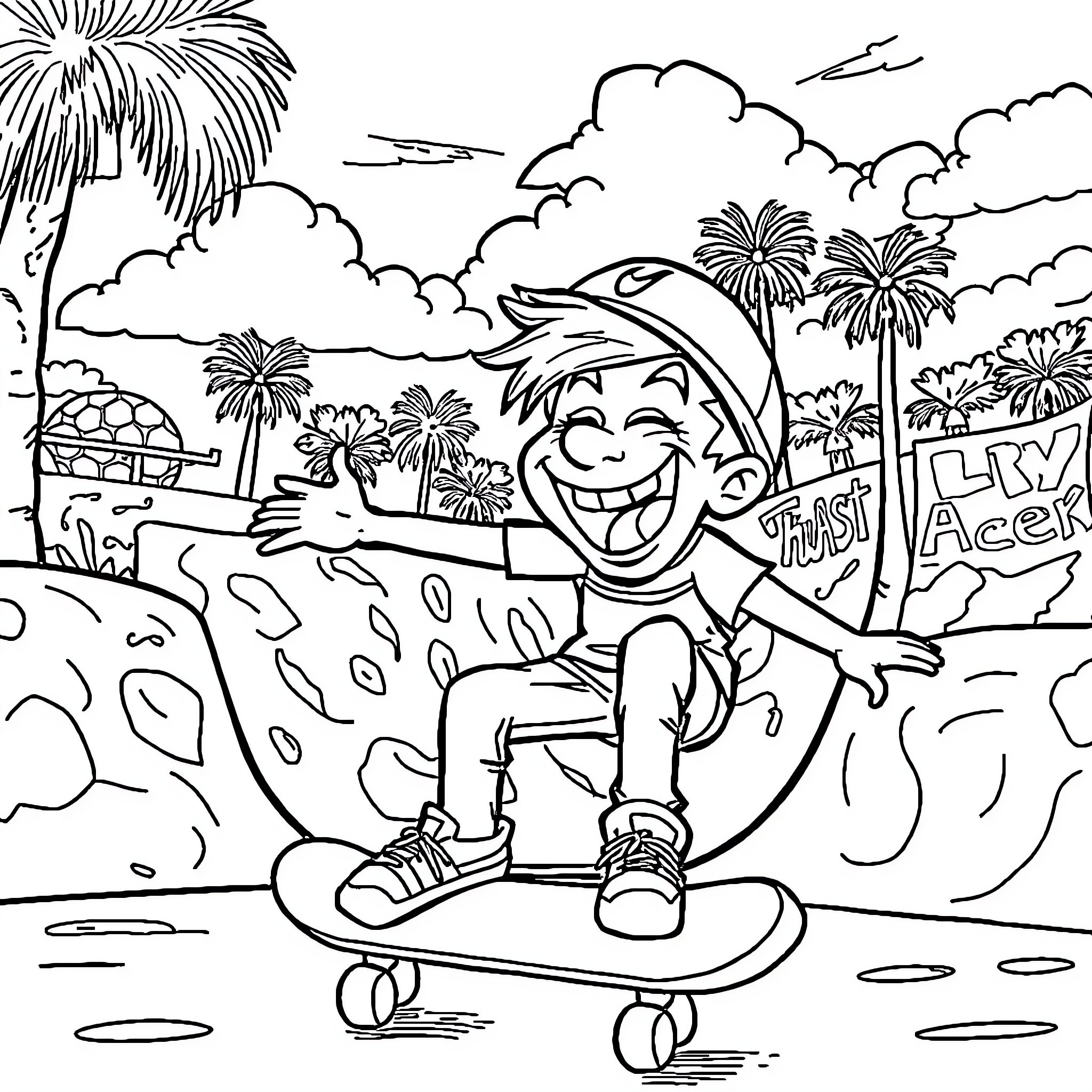 LOL Awesome skater boy tricks on the beach Coloring Page (free black-and-white line drawing printable PDF for all, from beginners to advanced learners, including children, teens, adults, and seniors)