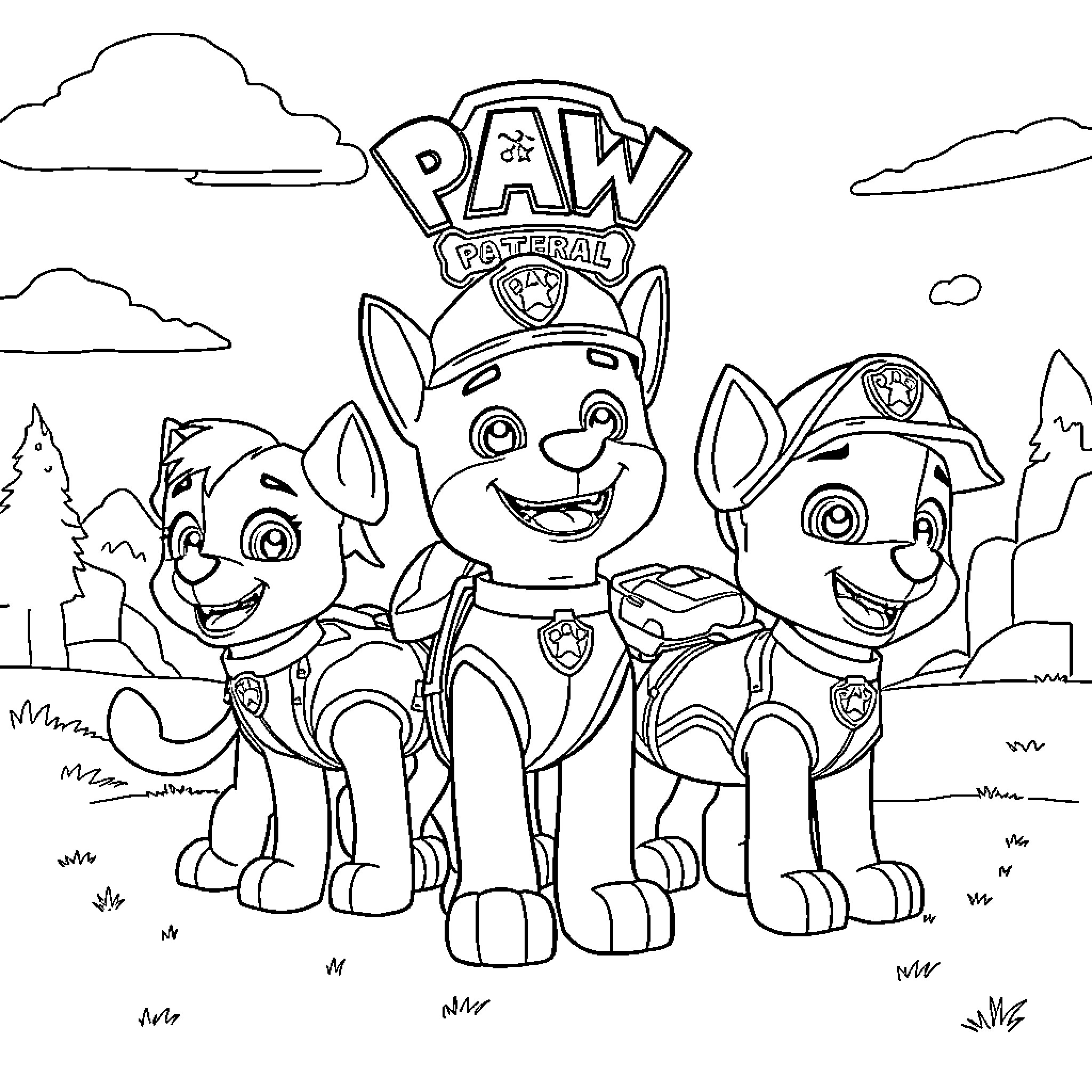 Paw Patrol Cadets on Adventure Patrol Coloring Page (free black-and-white line drawing printable PDF for all, from beginners to advanced learners, including children, teens, adults, and seniors)