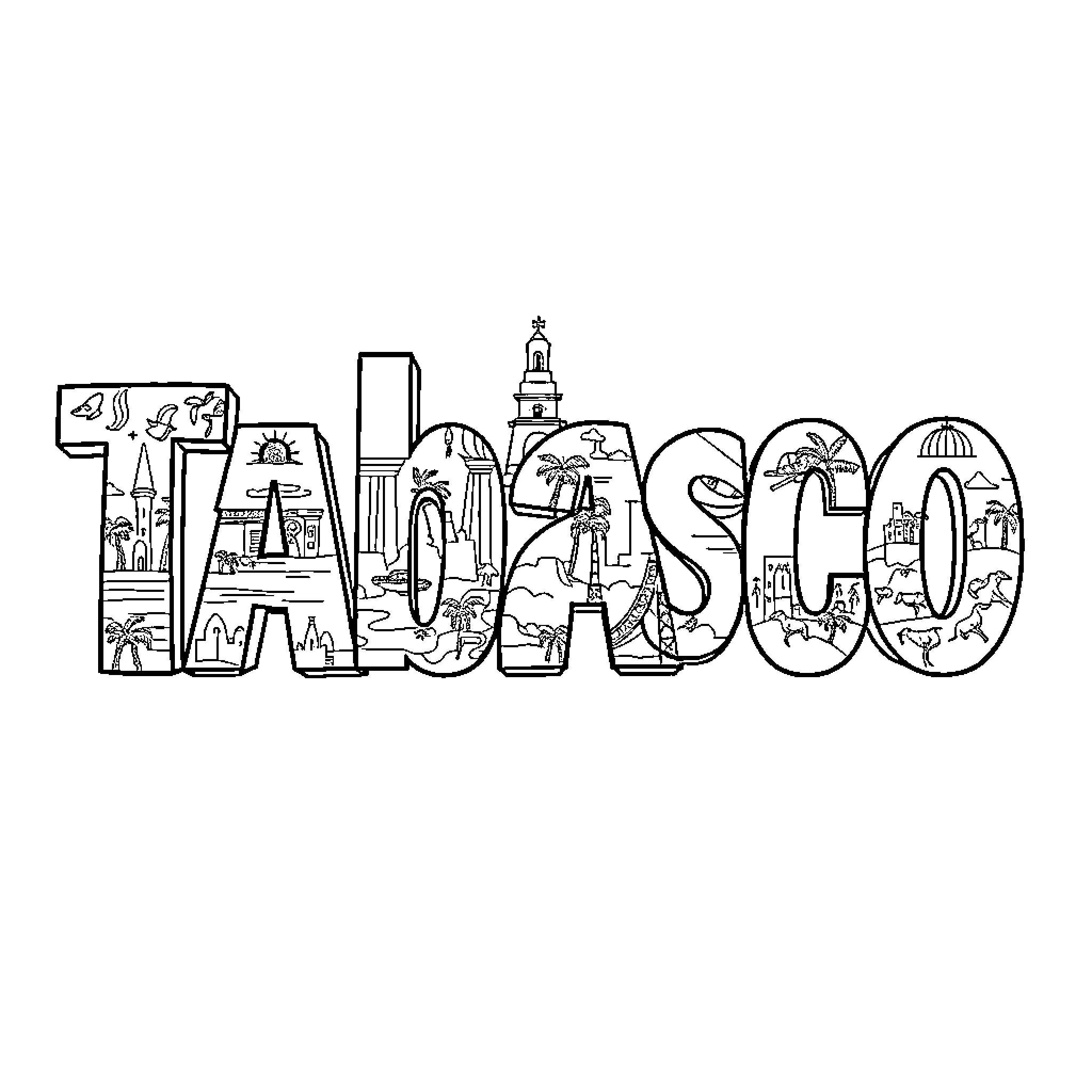 Tabasco: Iconic Cityscape Illustration Coloring Page (free black-and-white line drawing printable PDF for all, from beginners to advanced learners, including children, teens, adults, and seniors)