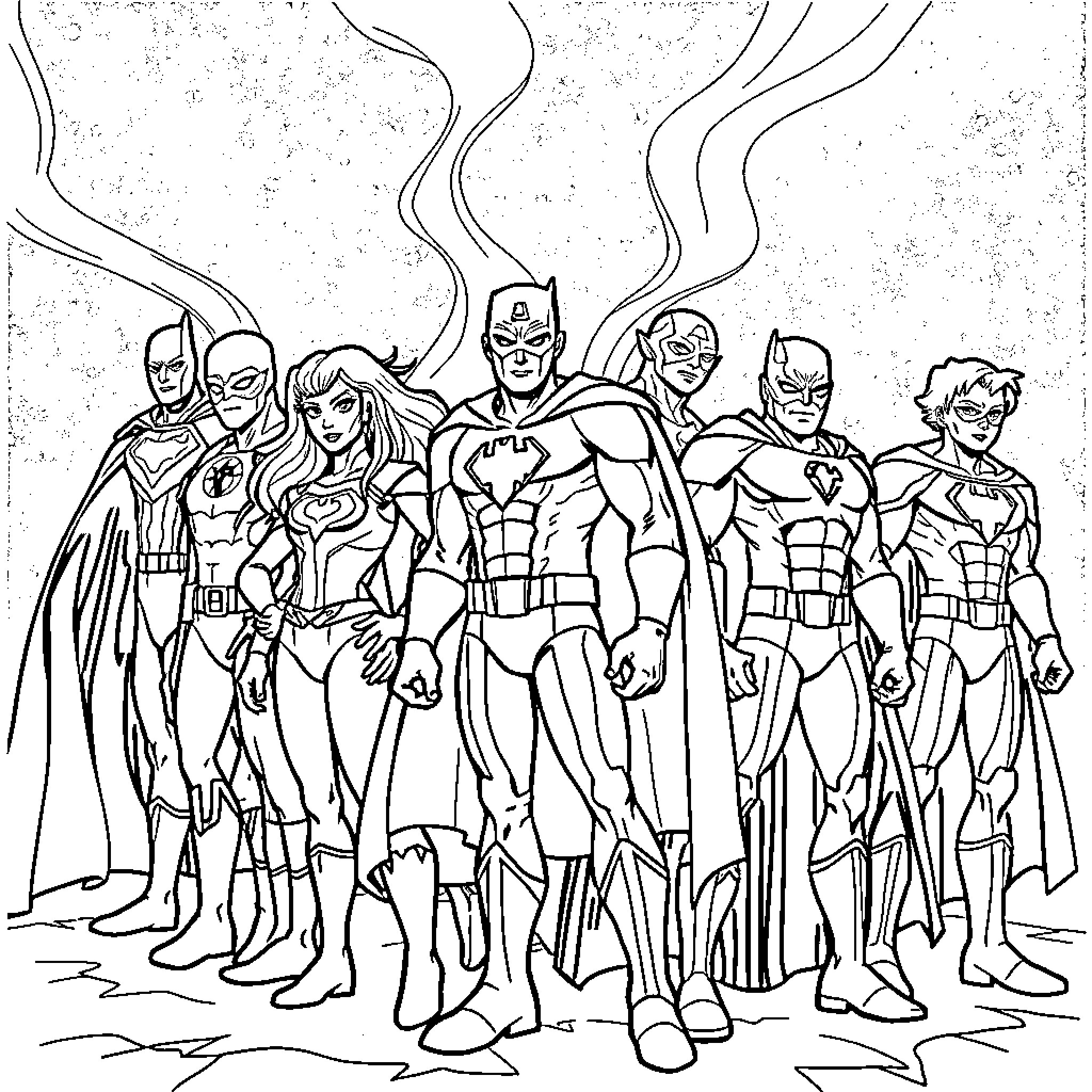 Superhero Team Assembled in Action Poses Coloring Page (free black-and-white line drawing printable PDF for all, from beginners to advanced learners, including children, teens, adults, and seniors)