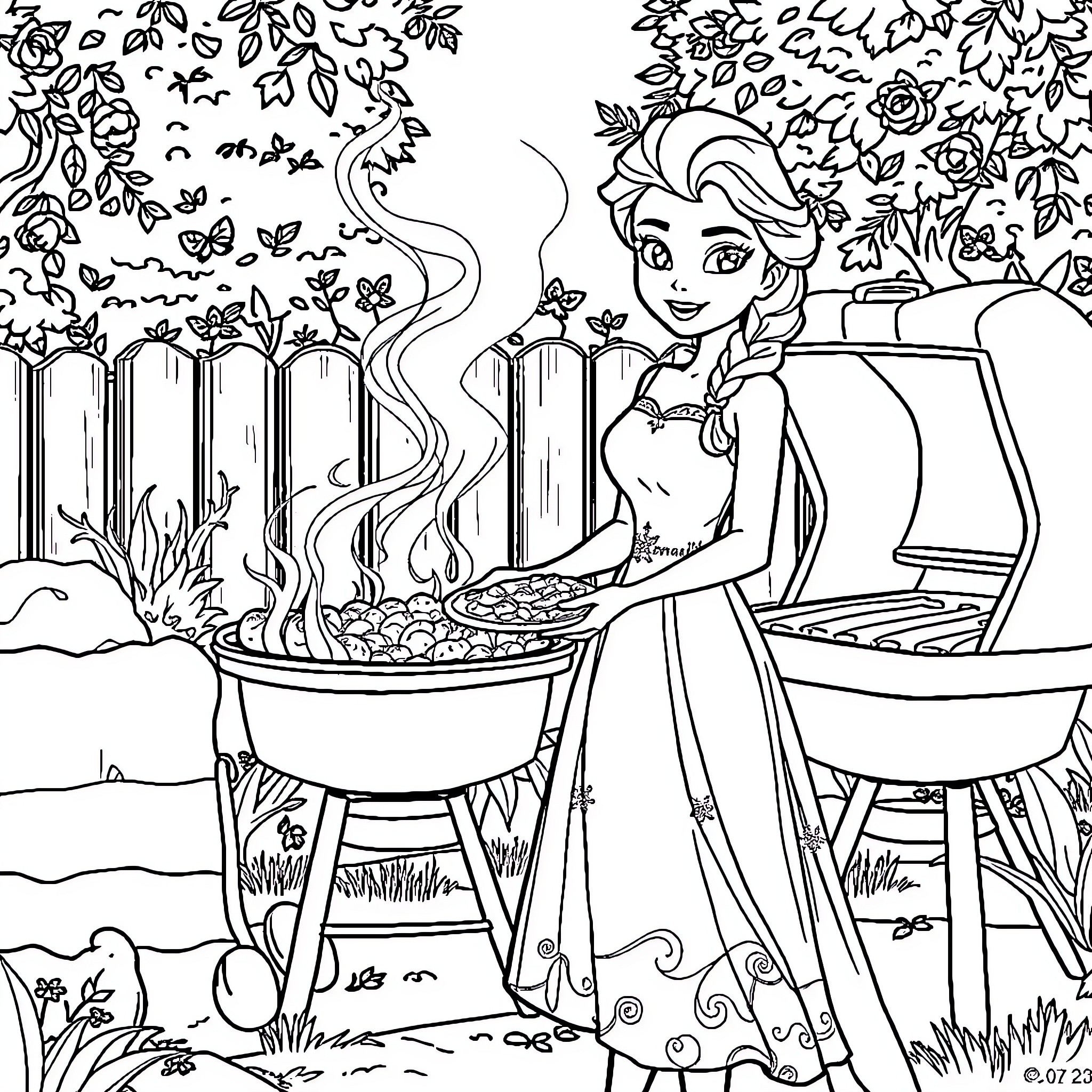 Elsa's Outdoor Cooking Adventure Coloring Page (free black-and-white line drawing printable PDF for all, from beginners to advanced learners, including children, teens, adults, and seniors)