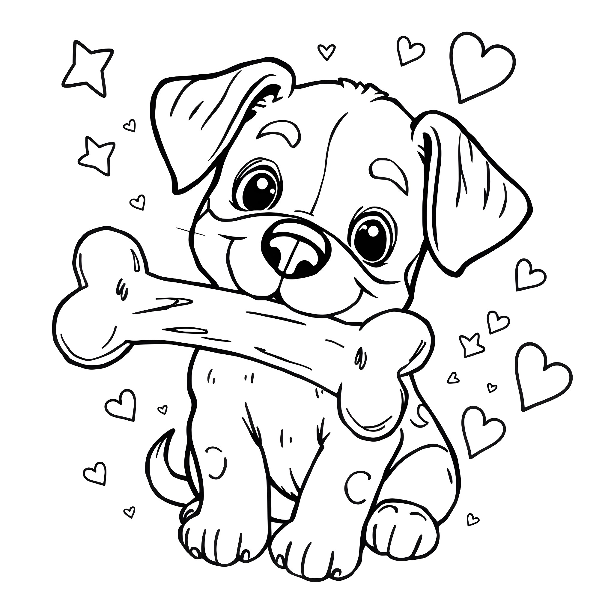 Puppy playing with toy bone surrounded by hearts Coloring Page (free black-and-white line drawing printable PDF for all, from beginners to advanced learners, including children, teens, adults, and seniors)