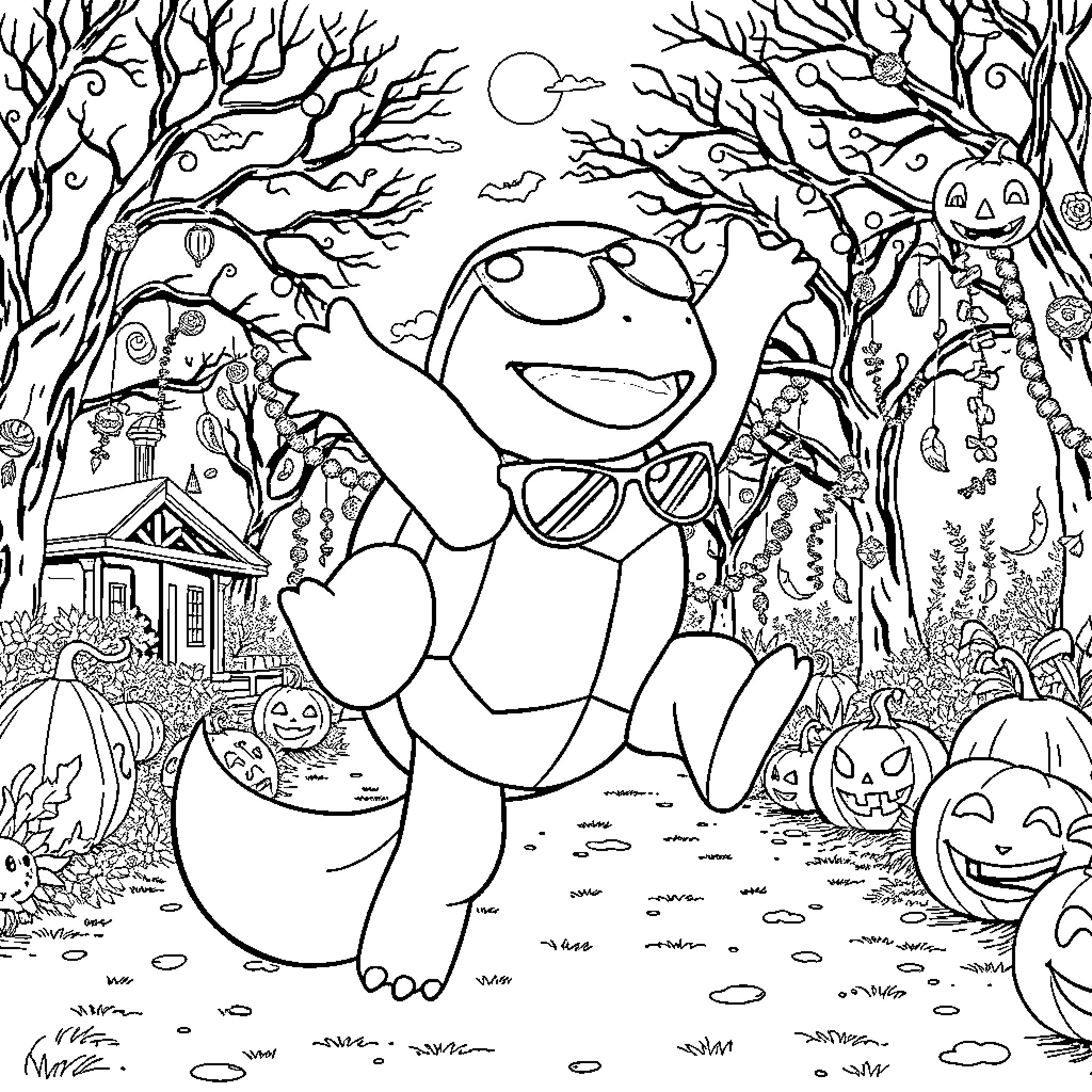 Squirtle Enjoying a Spooky Halloween Adventure Coloring Page (free black-and-white line drawing printable PDF for all, from beginners to advanced learners, including children, teens, adults, and seniors)