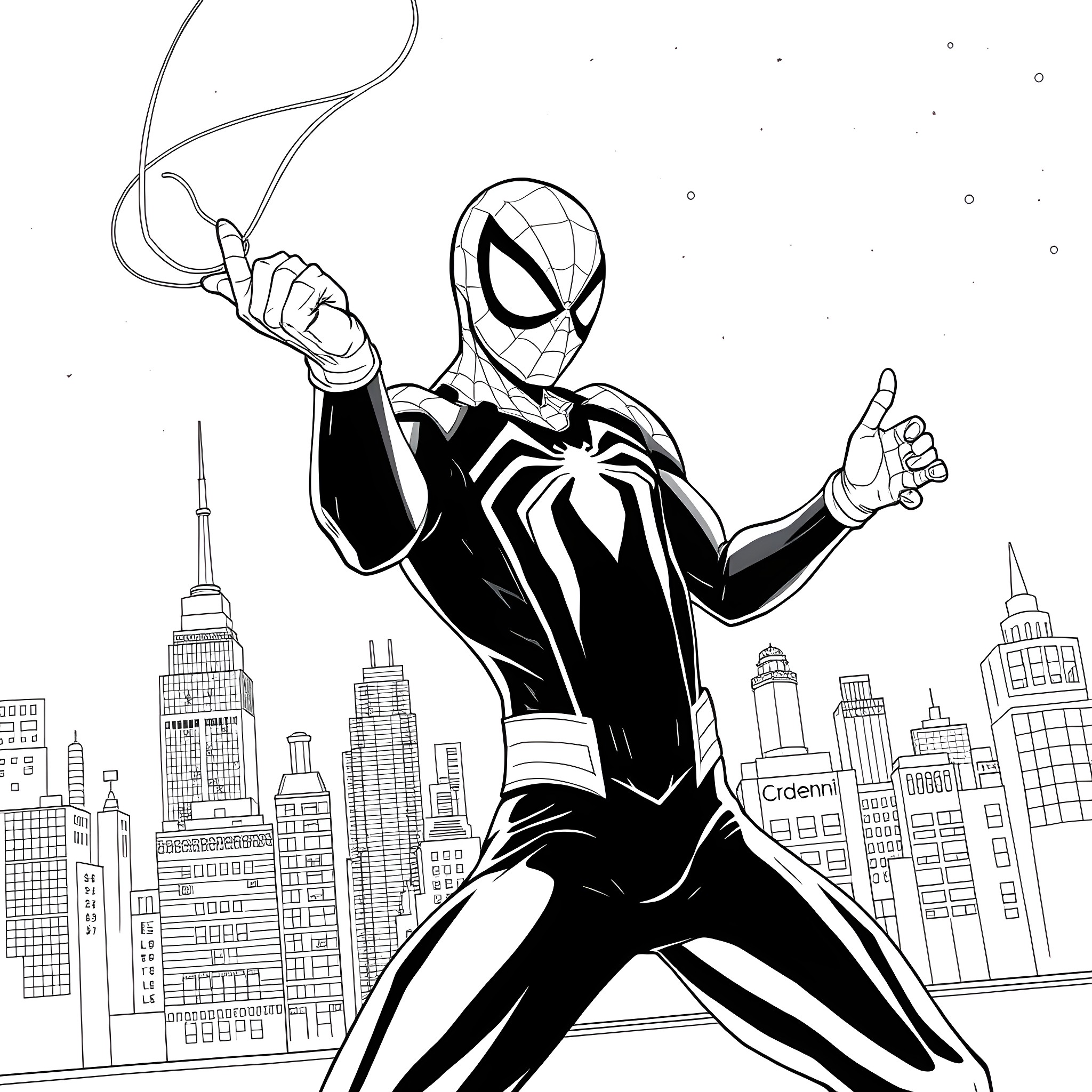 Spider-Man swinging through the city skyline Coloring Page (free black-and-white line drawing printable PDF for all, from beginners to advanced learners, including children, teens, adults, and seniors)