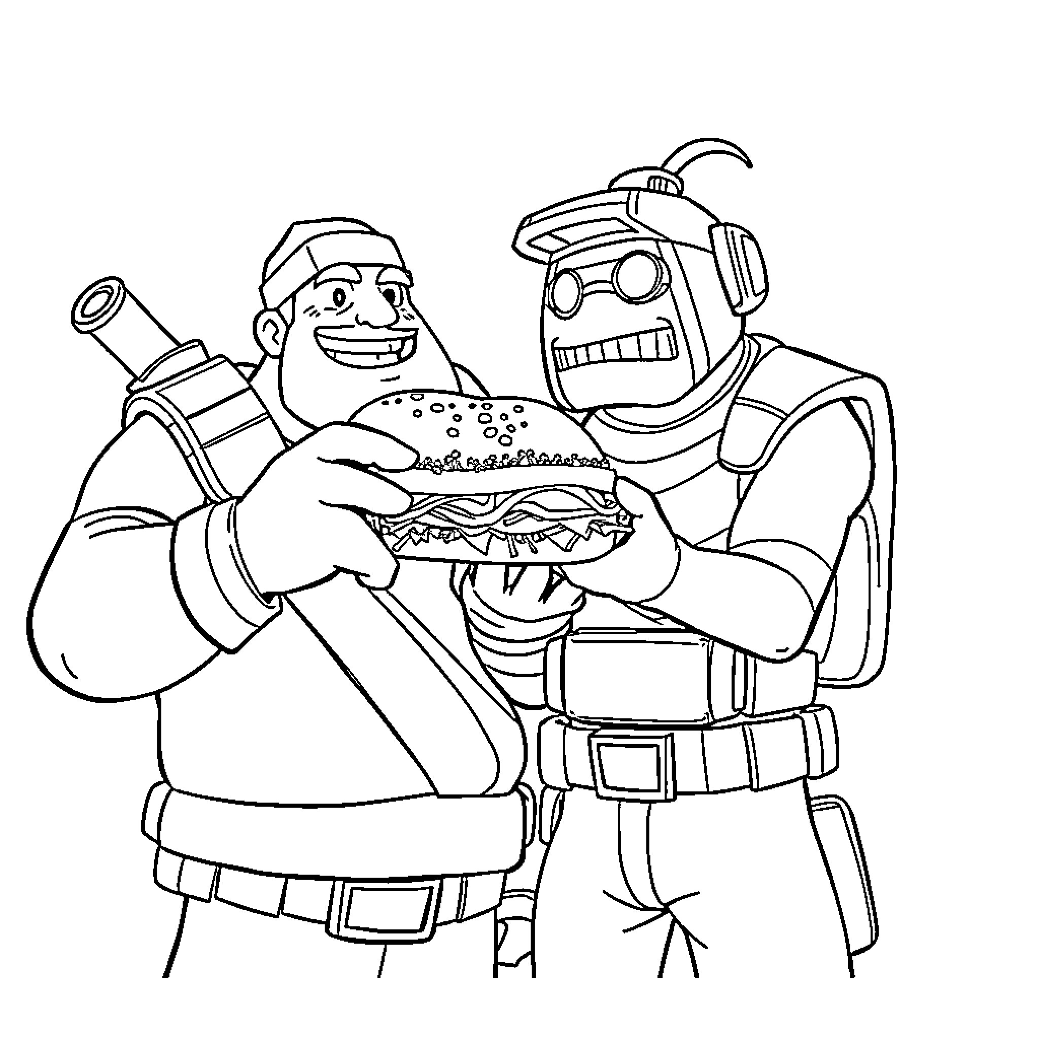 Heavy Workers Enjoying Fast Food Break Coloring Page (free black-and-white line drawing printable PDF for all, from beginners to advanced learners, including children, teens, adults, and seniors)