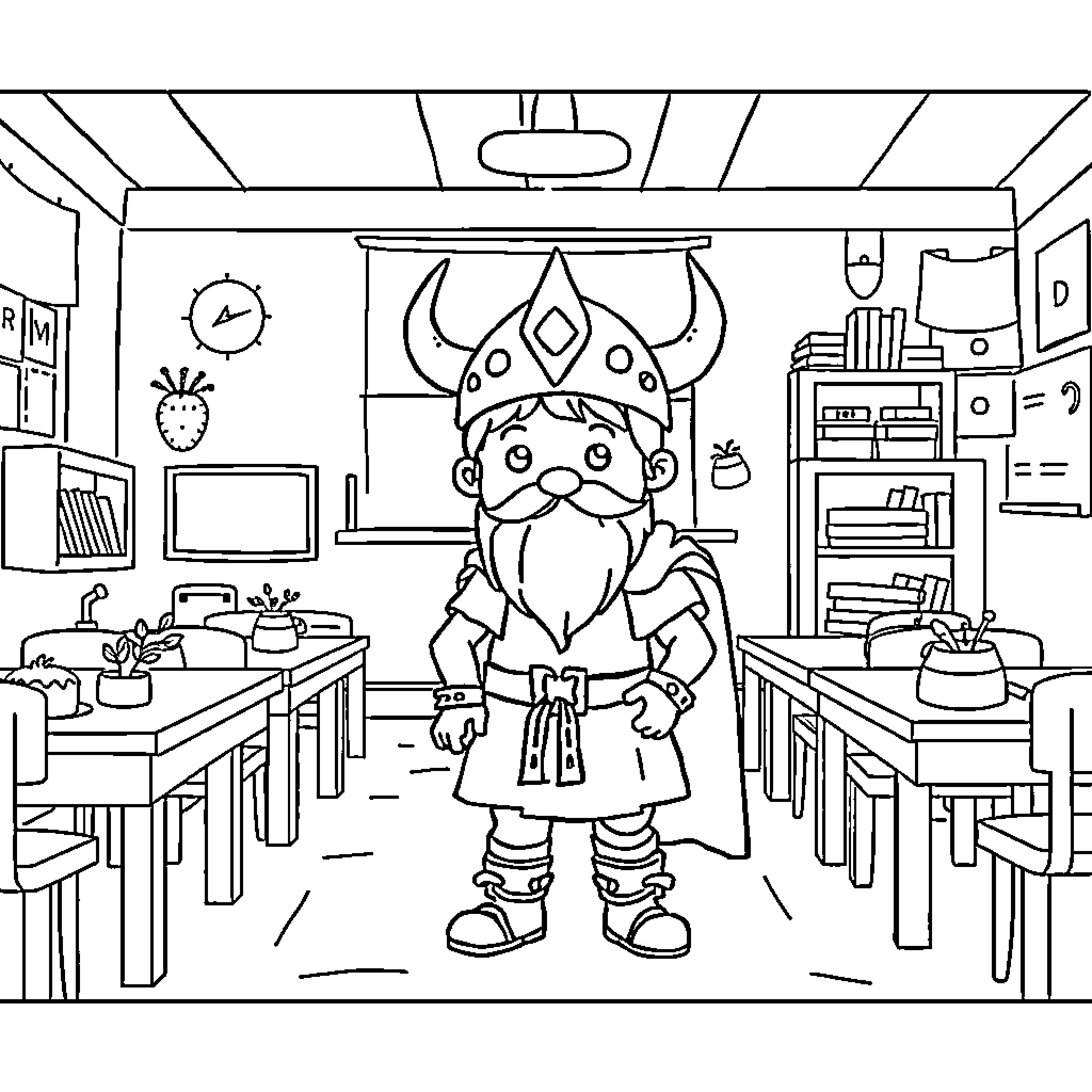 Viking Adventurer in a Cozy Cabin Coloring Page (free black-and-white line drawing printable PDF for all, from beginners to advanced learners, including children, teens, adults, and seniors)