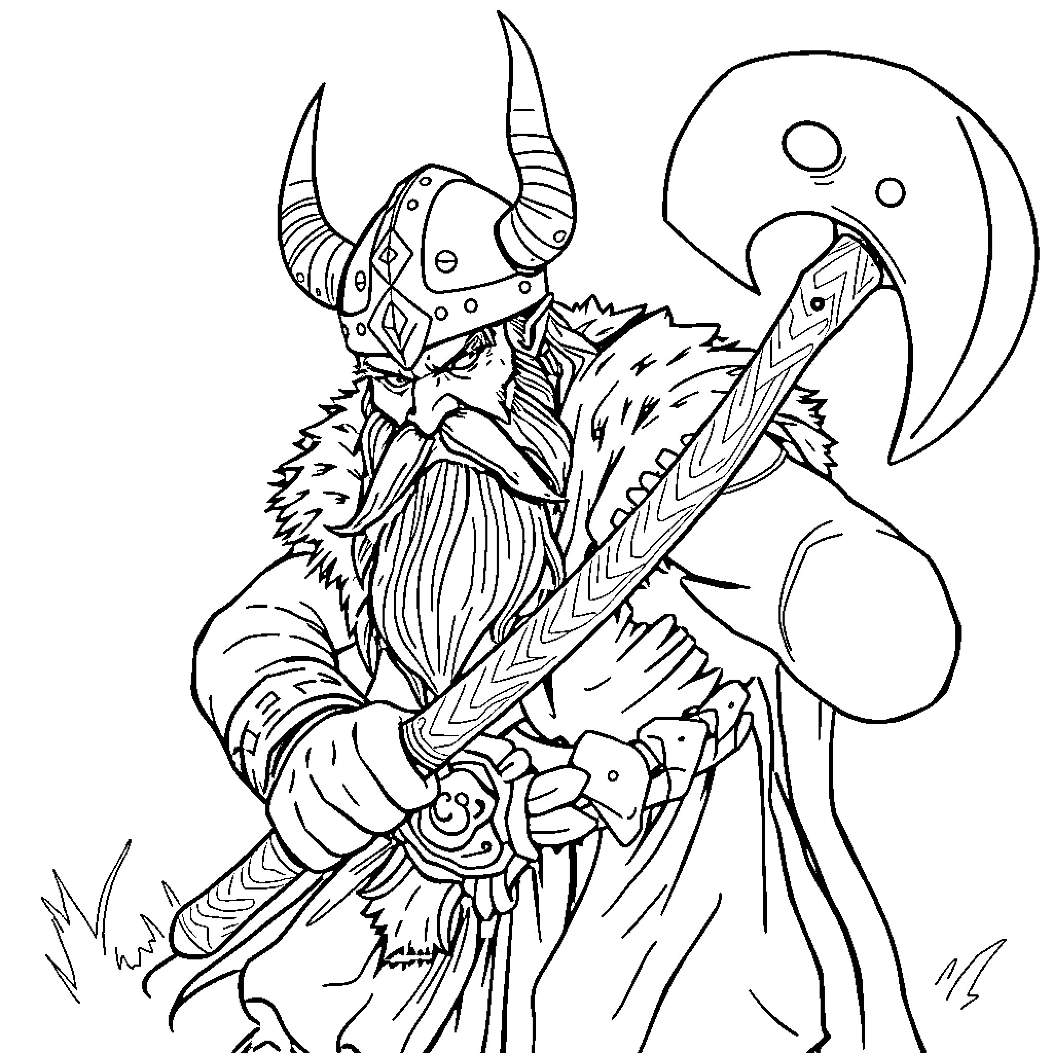 Viking warrior wielding a mighty axe Coloring Page (free black-and-white line drawing printable PDF for all, from beginners to advanced learners, including children, teens, adults, and seniors)