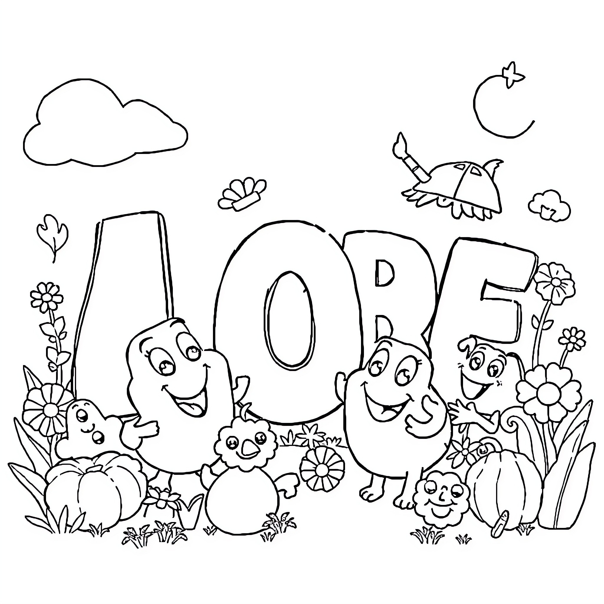 Number of Whimsical Animal Characters in Nature Coloring Page (free black-and-white line drawing printable PDF for all, from beginners to advanced learners, including children, teens, adults, and seniors)