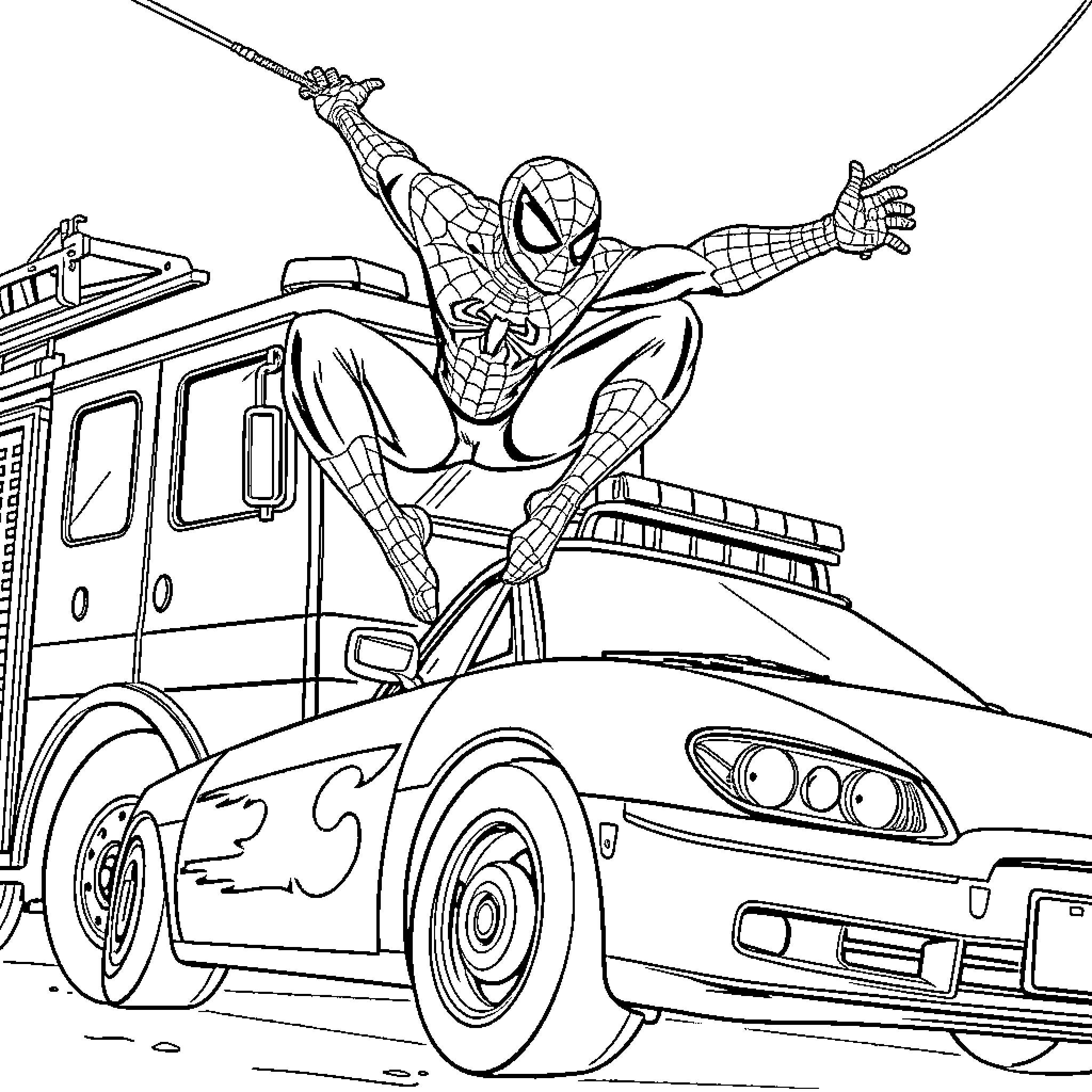 Spider-Man swinging into action near police car Coloring Page (free black-and-white line drawing printable PDF for all, from beginners to advanced learners, including children, teens, adults, and seniors)