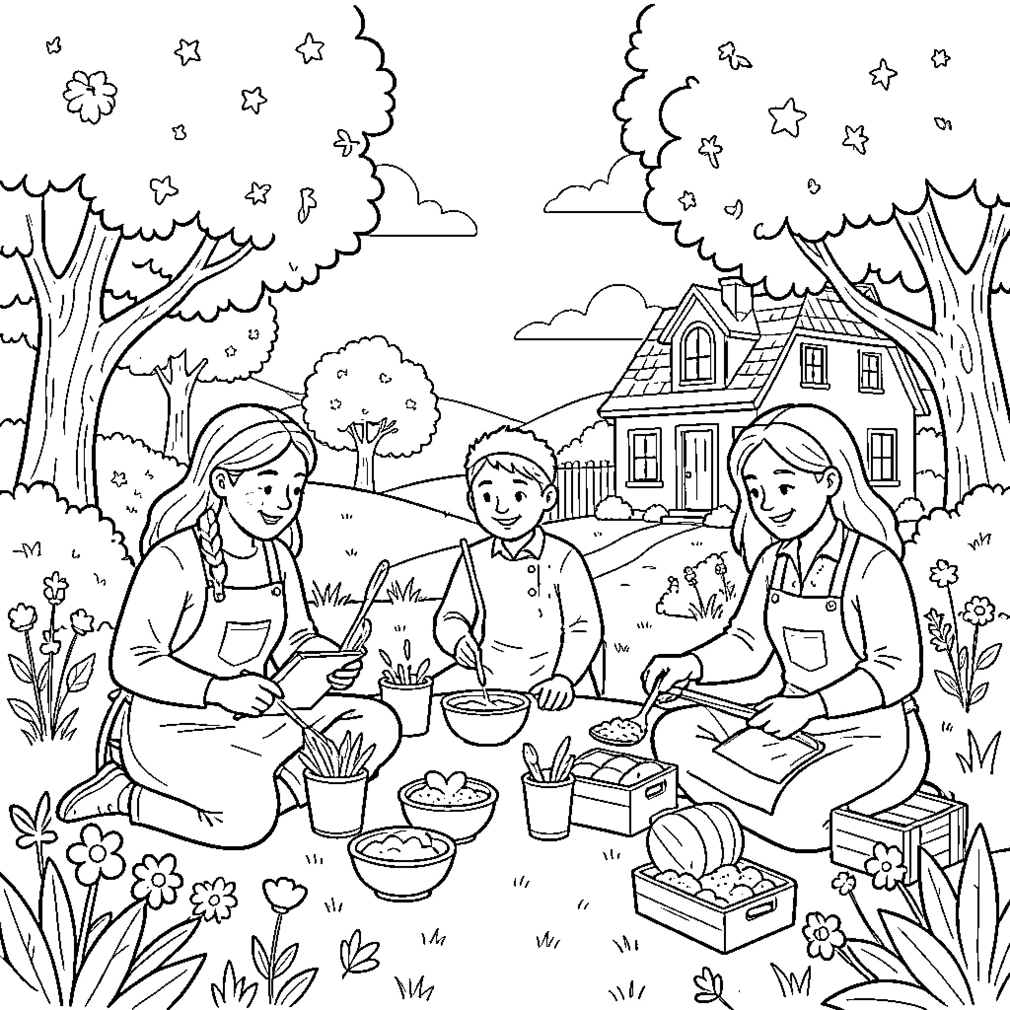 Harmony of Family Gathering in Nature Coloring Page (free black-and-white line drawing printable PDF for all, from beginners to advanced learners, including children, teens, adults, and seniors)