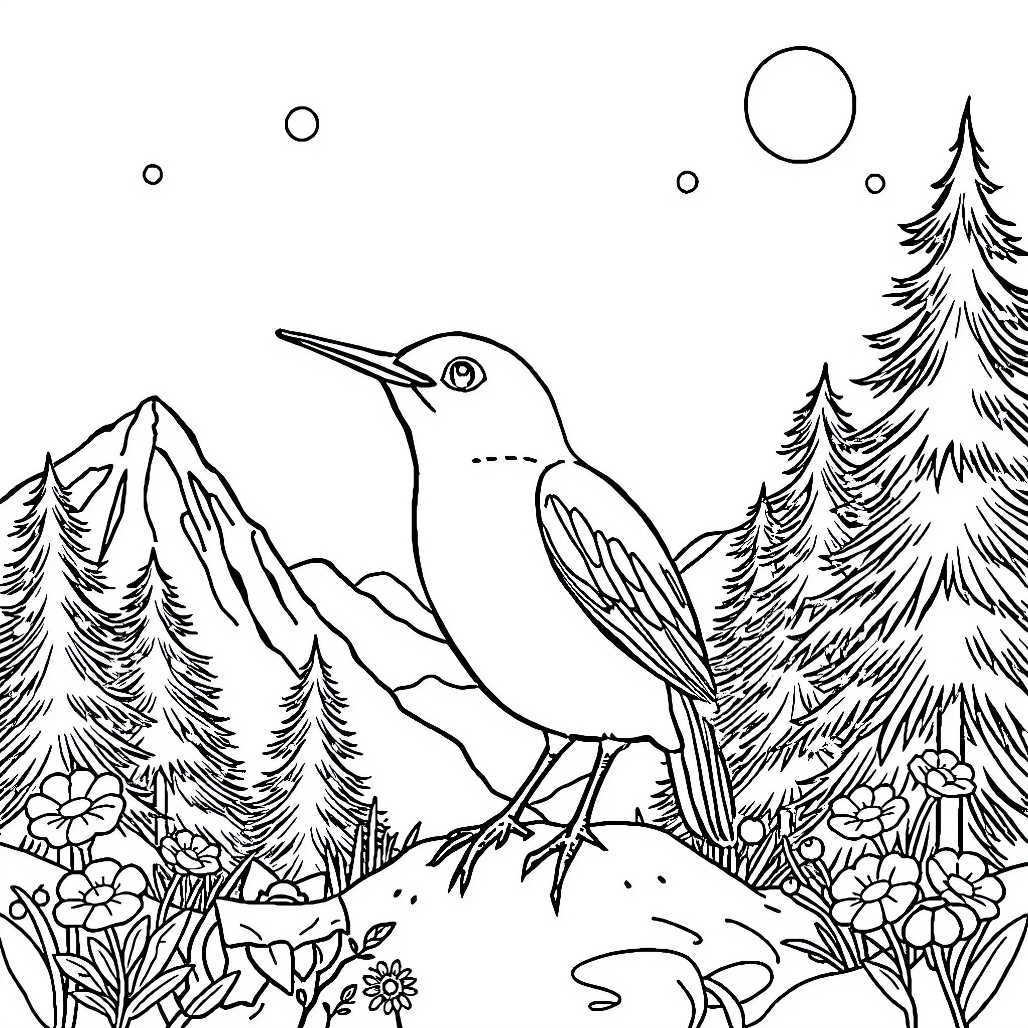 Sheep in Mountain Landscape with Birdbath Coloring Page (free black-and-white line drawing printable PDF for all, from beginners to advanced learners, including children, teens, adults, and seniors)