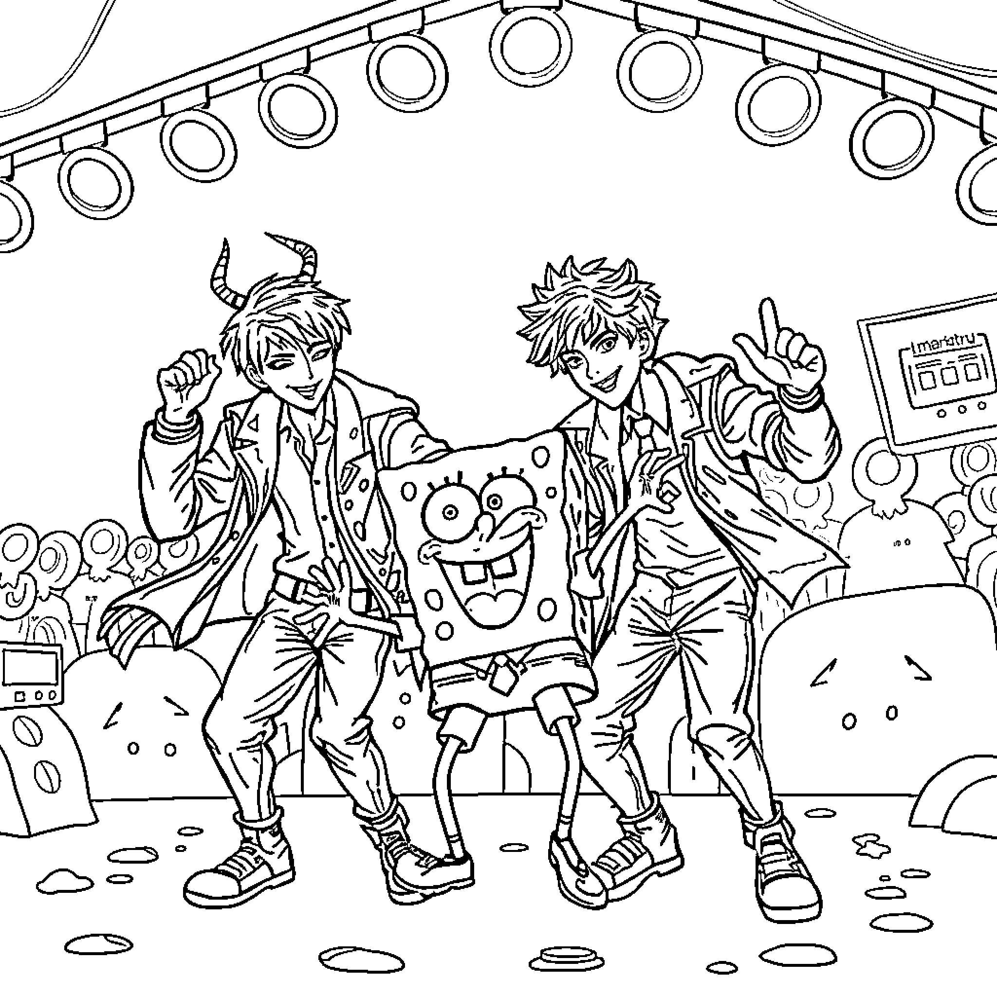 Saja Boys Performing Playful Antics on Stage Coloring Page (free black-and-white line drawing printable PDF for all, from beginners to advanced learners, including children, teens, adults, and seniors)