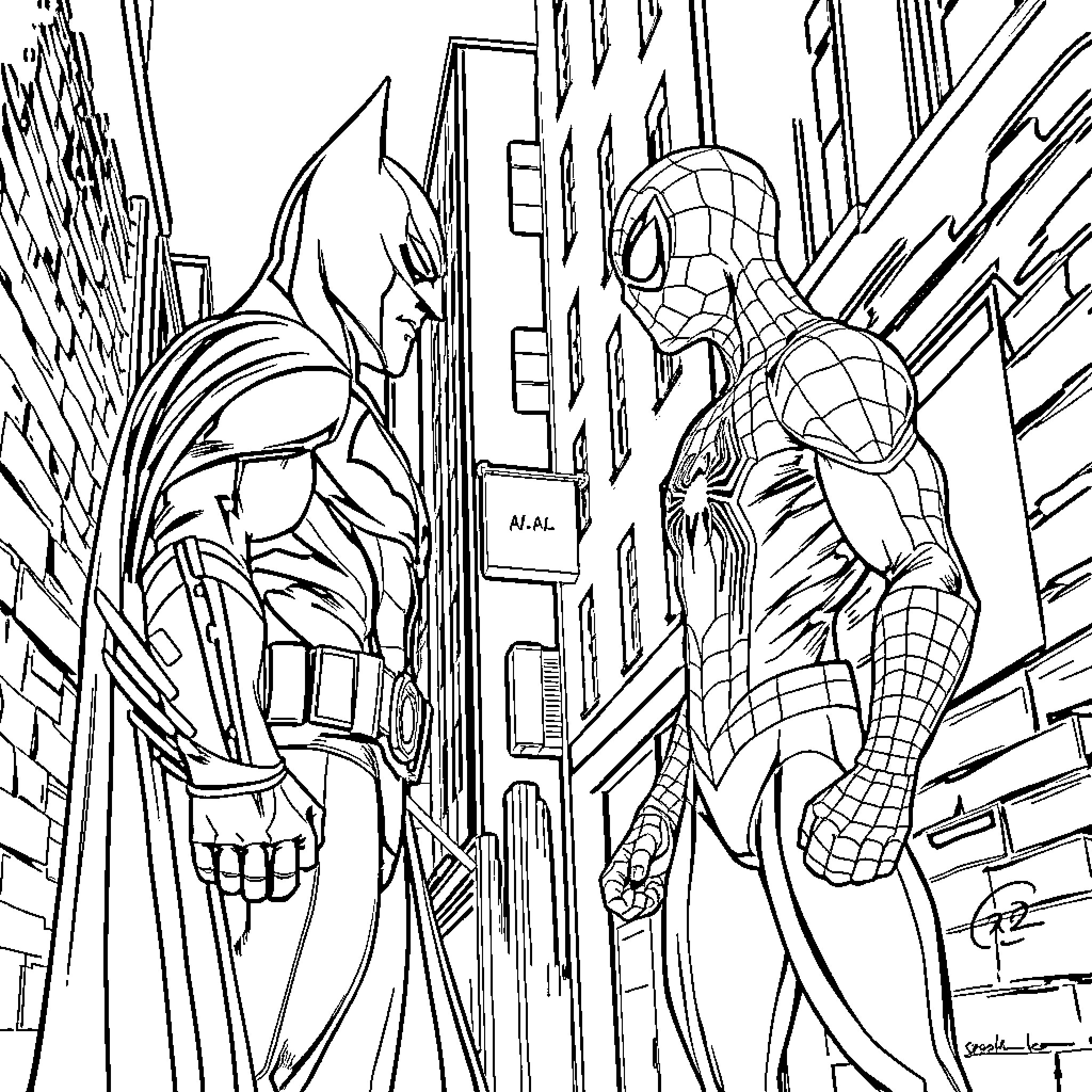 Batman and Spiderman Facing Off in the City Streets Coloring Page (free black-and-white line drawing printable PDF for all, from beginners to advanced learners, including children, teens, adults, and seniors)