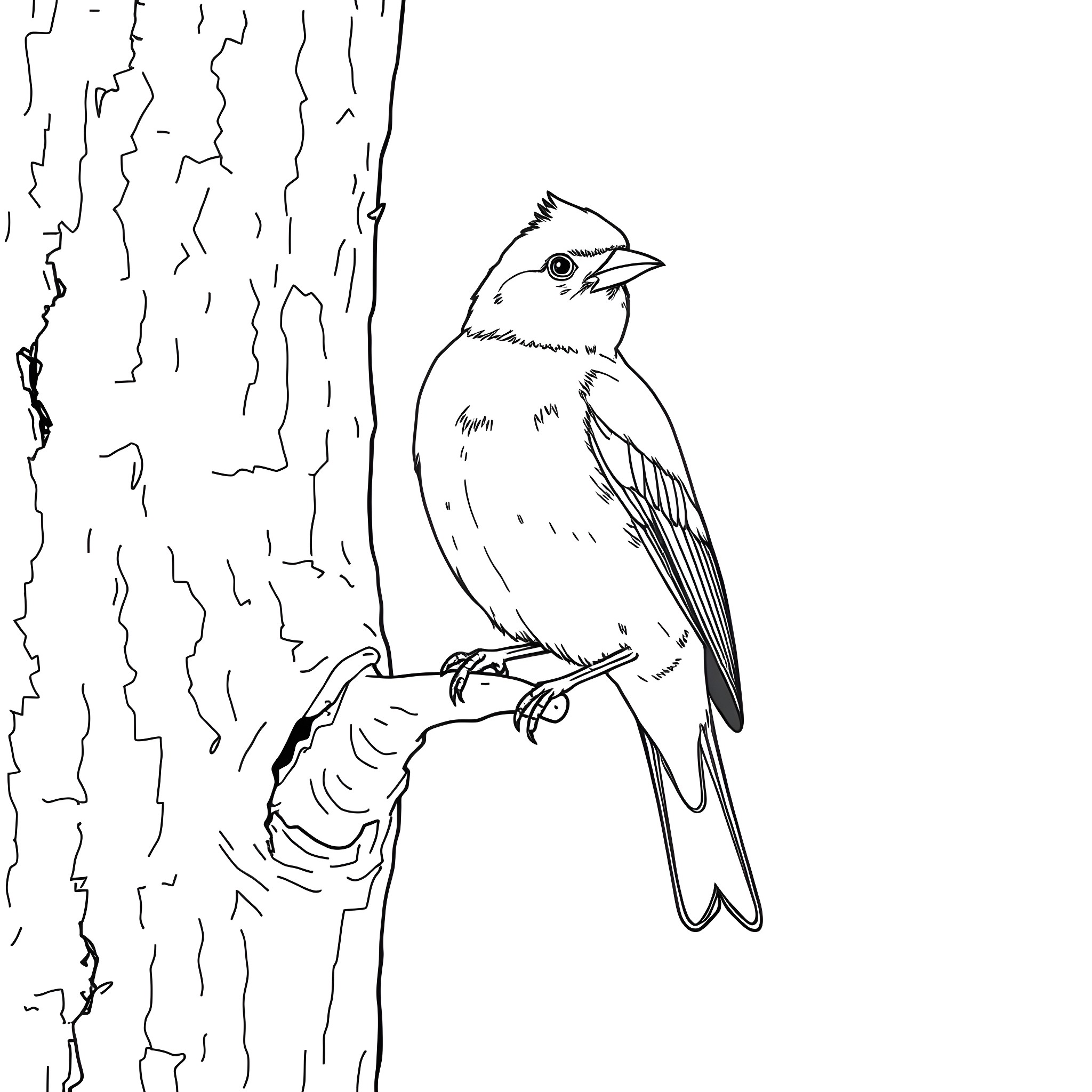 Saffron Finch resting on tree bark Coloring Page (free black-and-white line drawing printable PDF for all, from beginners to advanced learners, including children, teens, adults, and seniors)