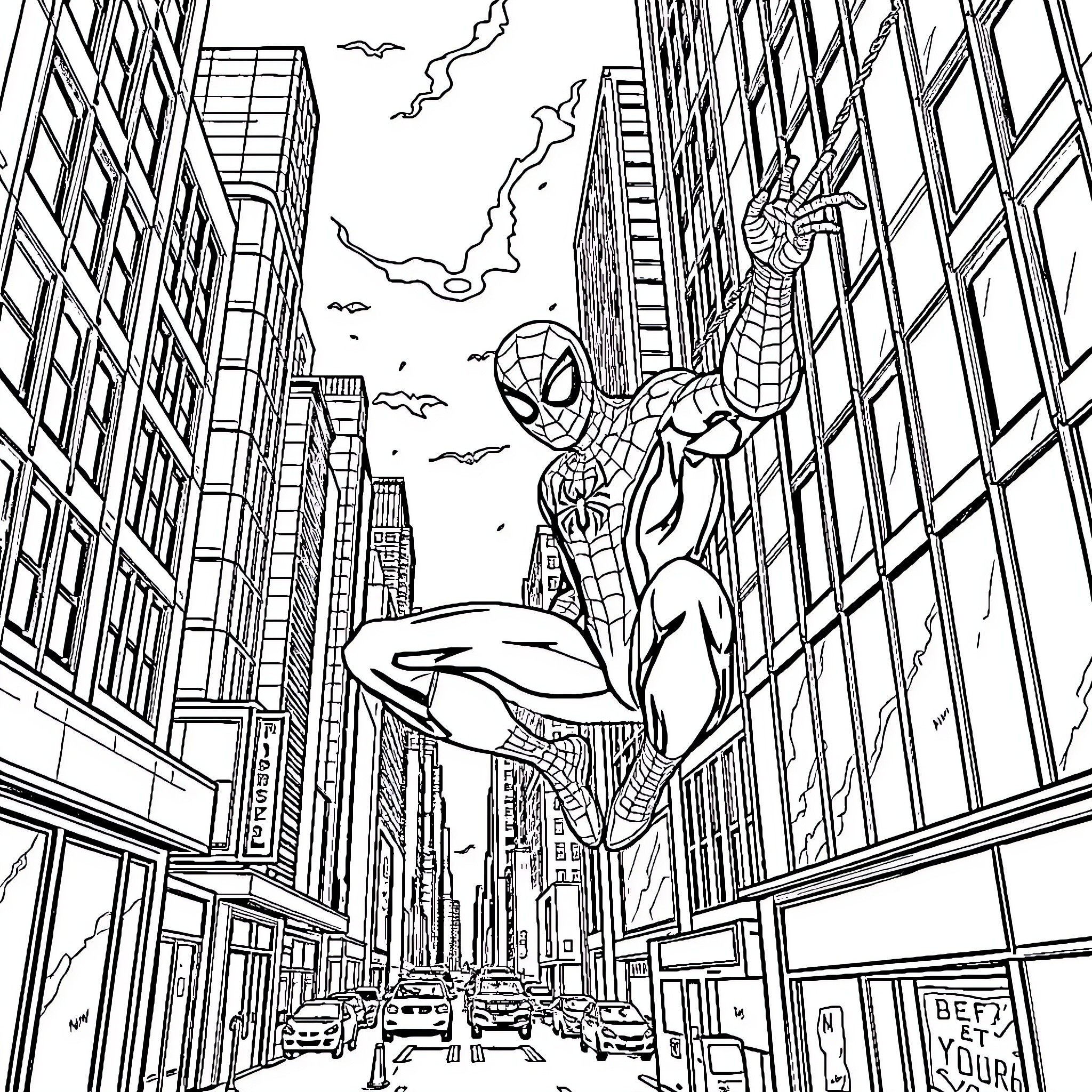 Spiderman swinging through the city skyline Coloring Page (free black-and-white line drawing printable PDF for all, from beginners to advanced learners, including children, teens, adults, and seniors)