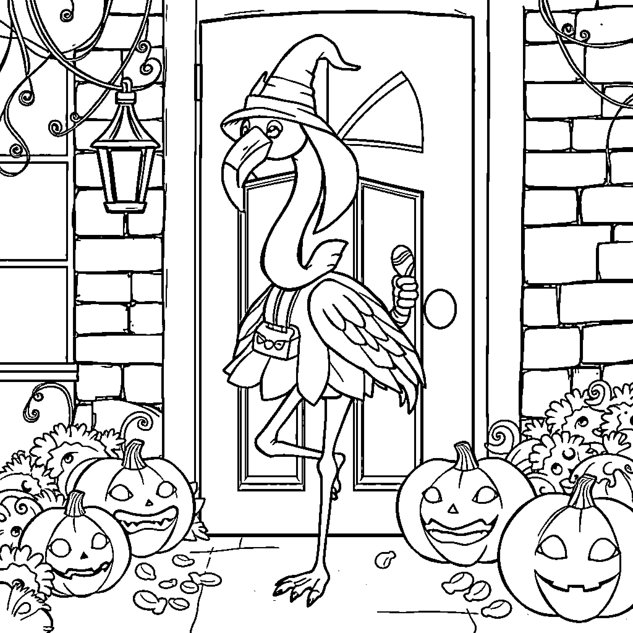 Flamingo in Halloween costume at doorstep Coloring Page (free black-and-white line drawing printable PDF for all, from beginners to advanced learners, including children, teens, adults, and seniors)