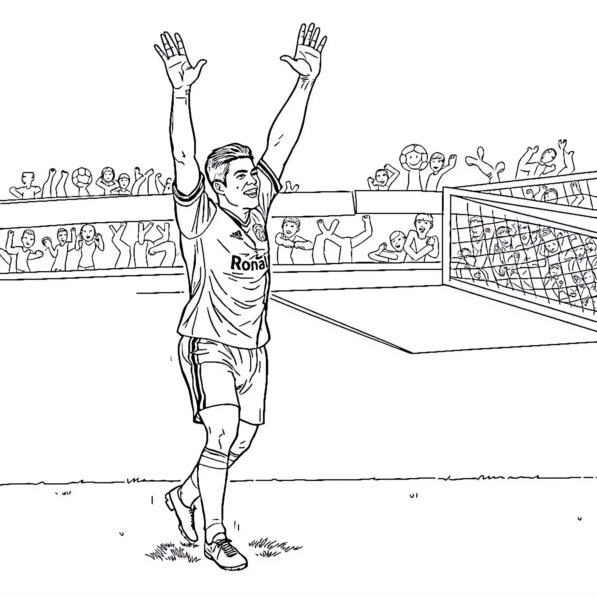 Cristiano Ronaldo celebrating a goal on the soccer field Coloring Page (free black-and-white line drawing printable PDF for all, from beginners to advanced learners, including children, teens, adults, and seniors)