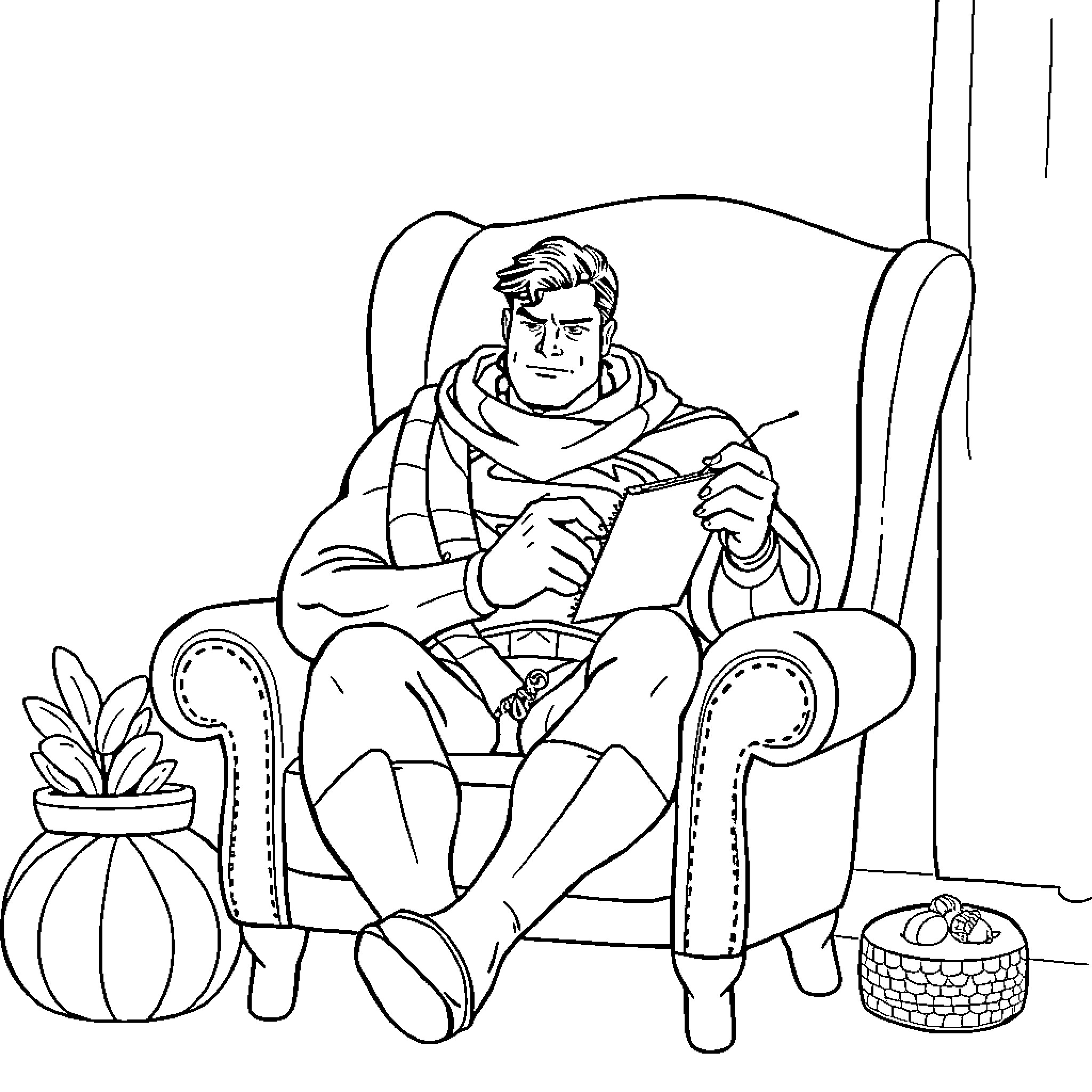 Superman relaxing in an armchair Coloring Page (free black-and-white line drawing printable PDF for all, from beginners to advanced learners, including children, teens, adults, and seniors)