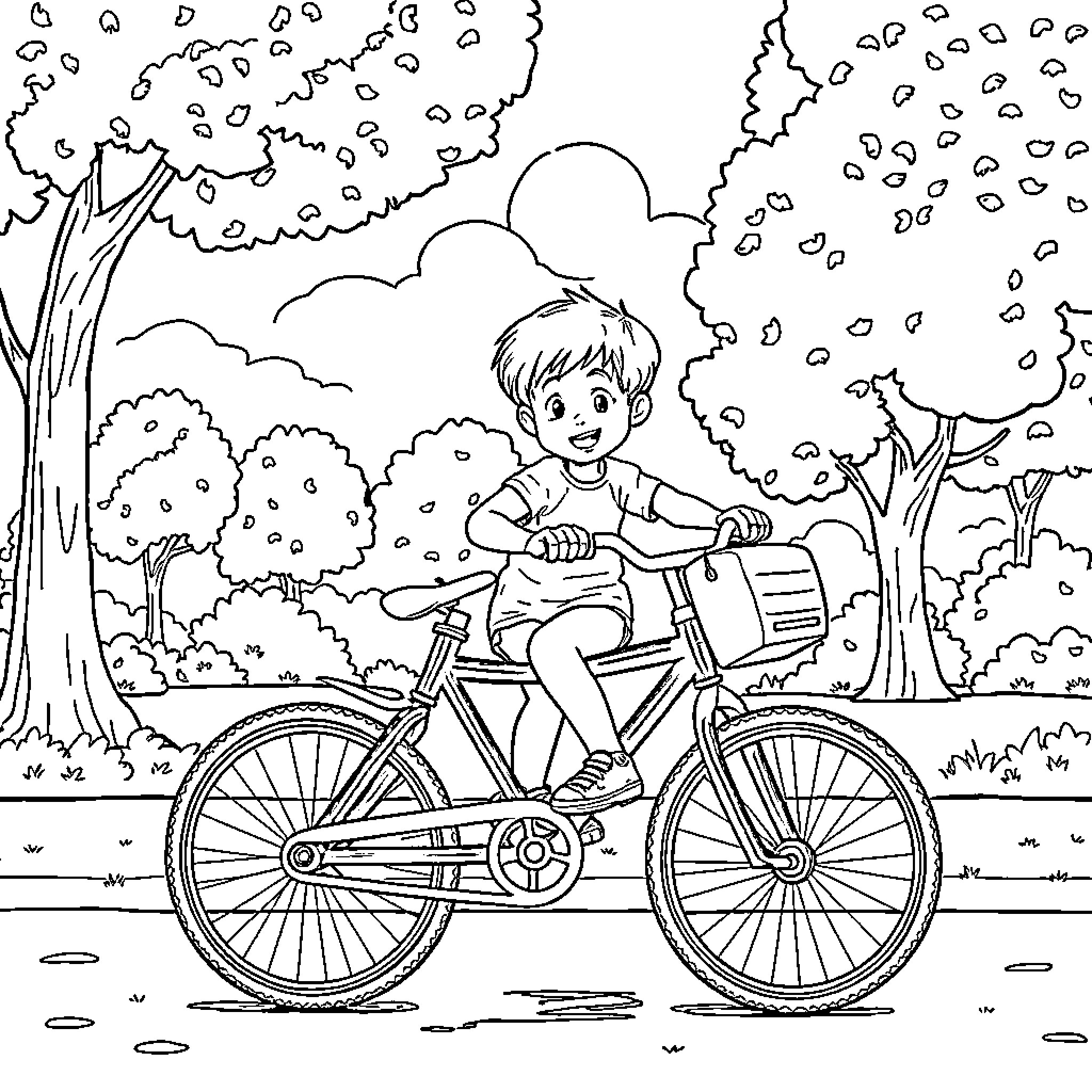 Child riding bicycle in scenic outdoor setting Coloring Page (free black-and-white line drawing printable PDF for all, from beginners to advanced learners, including children, teens, adults, and seniors)