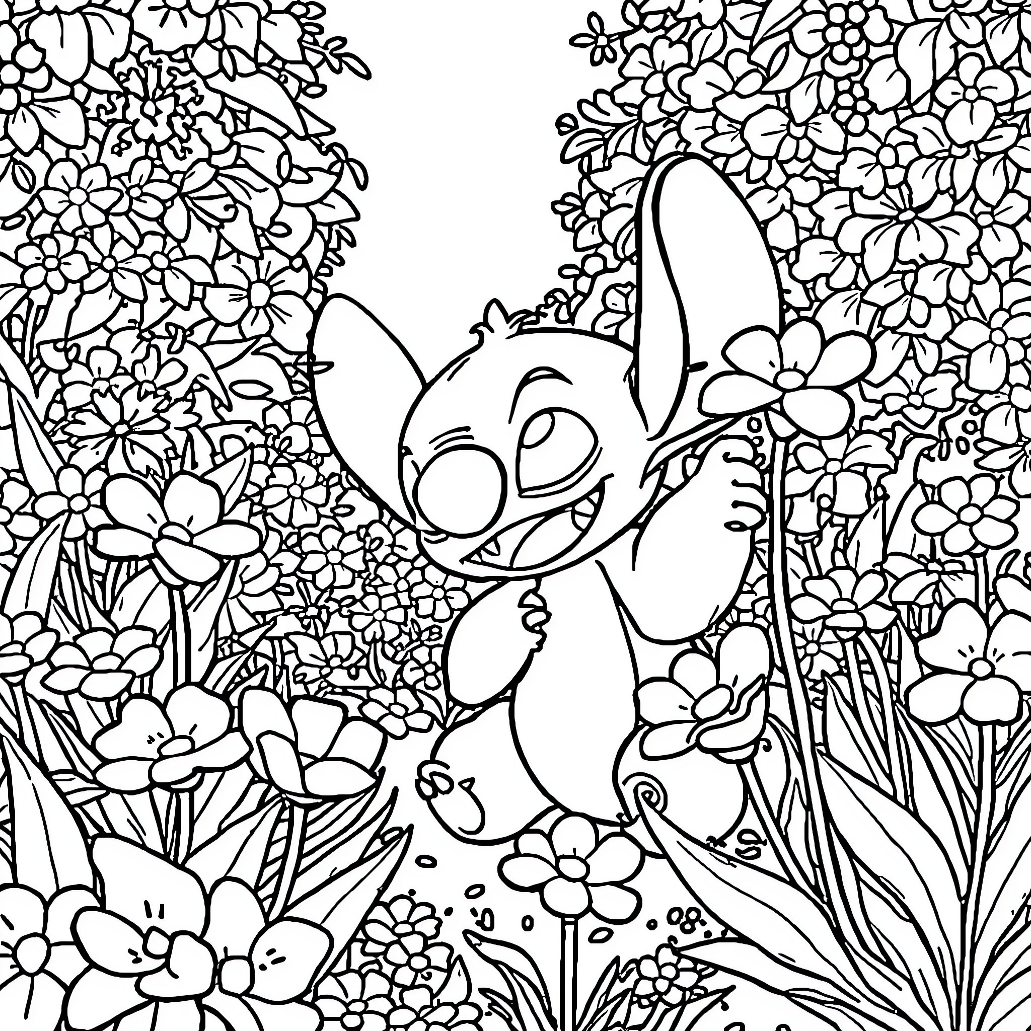 Stitch playing joyfully in a floral meadow Coloring Page (free black-and-white line drawing printable PDF for all, from beginners to advanced learners, including children, teens, adults, and seniors)