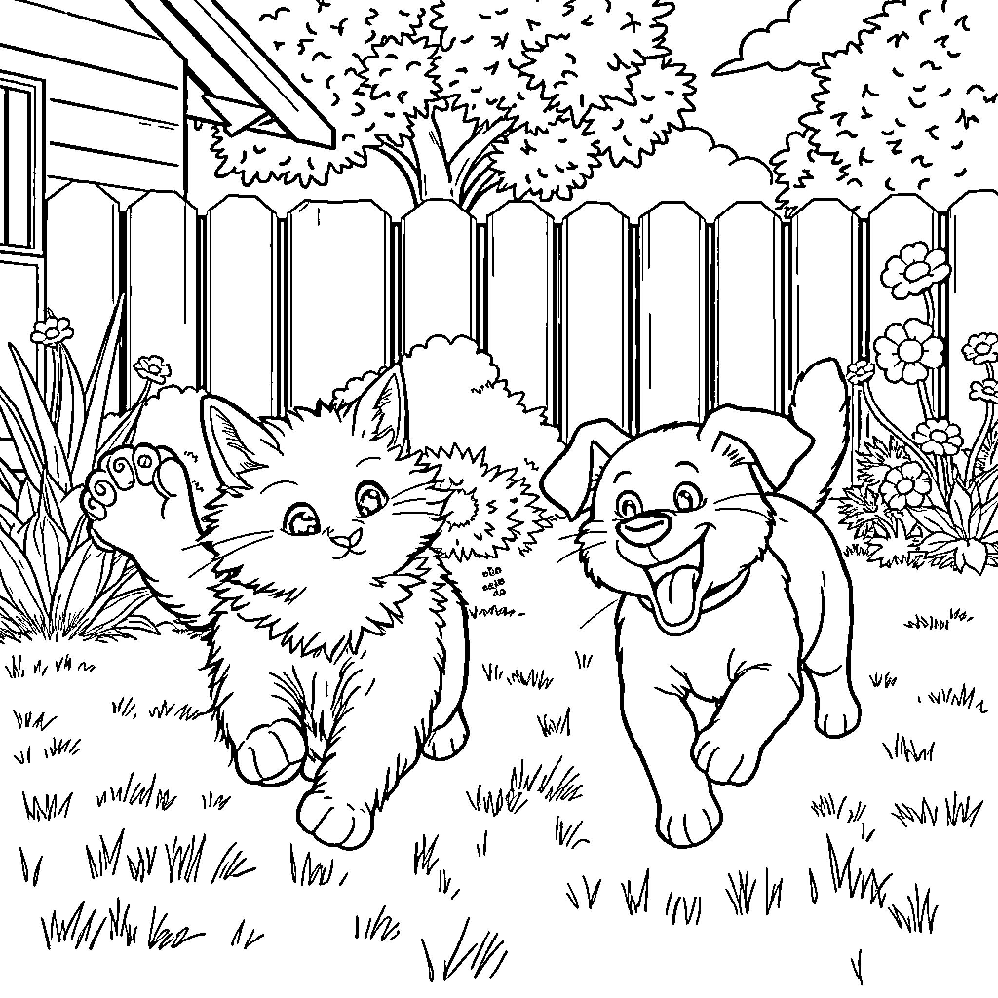 Cats playing joyfully in the backyard Coloring Page (free black-and-white line drawing printable PDF for all, from beginners to advanced learners, including children, teens, adults, and seniors)