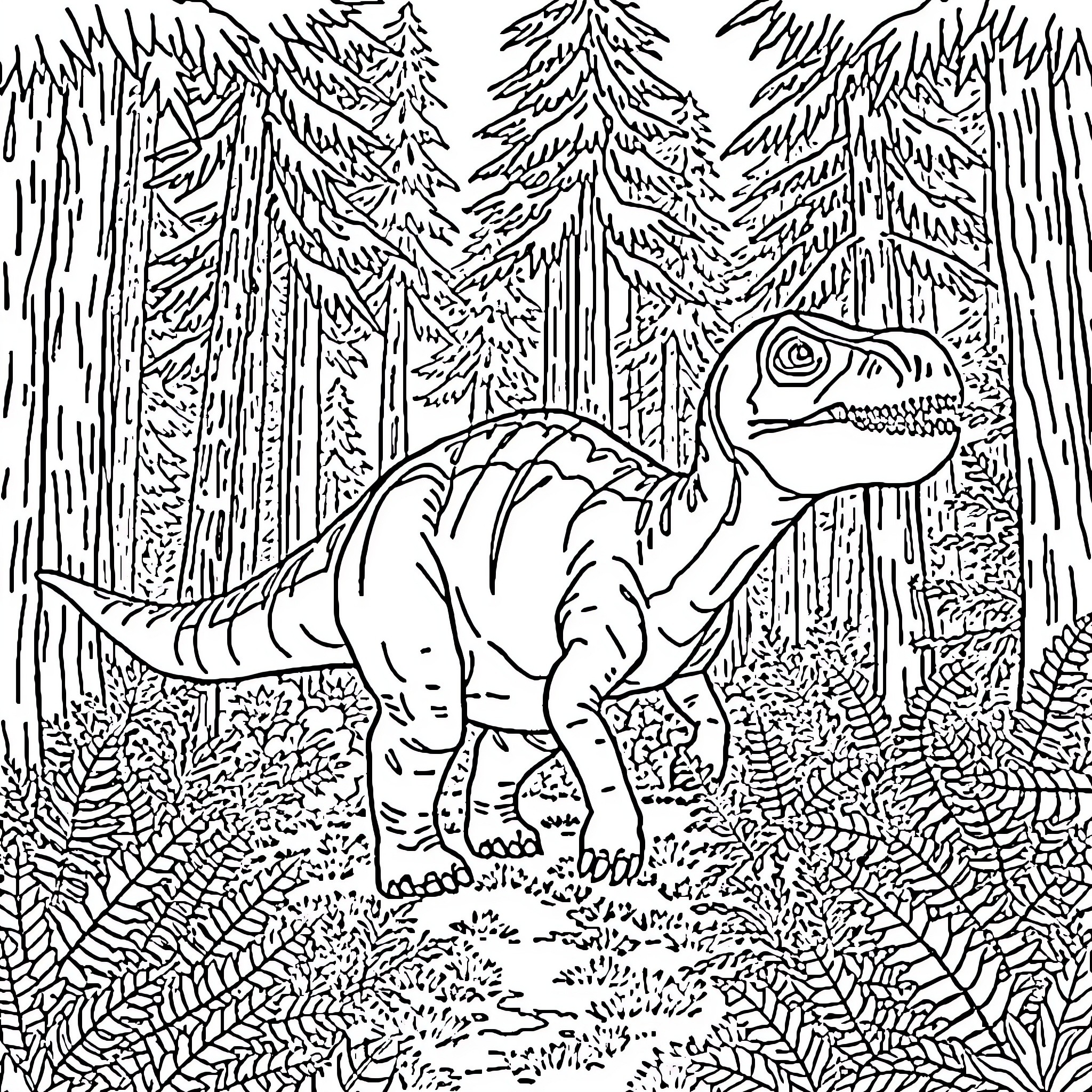 Dinosaur exploring the lush forest landscape Coloring Page (free black-and-white line drawing printable PDF for all, from beginners to advanced learners, including children, teens, adults, and seniors)