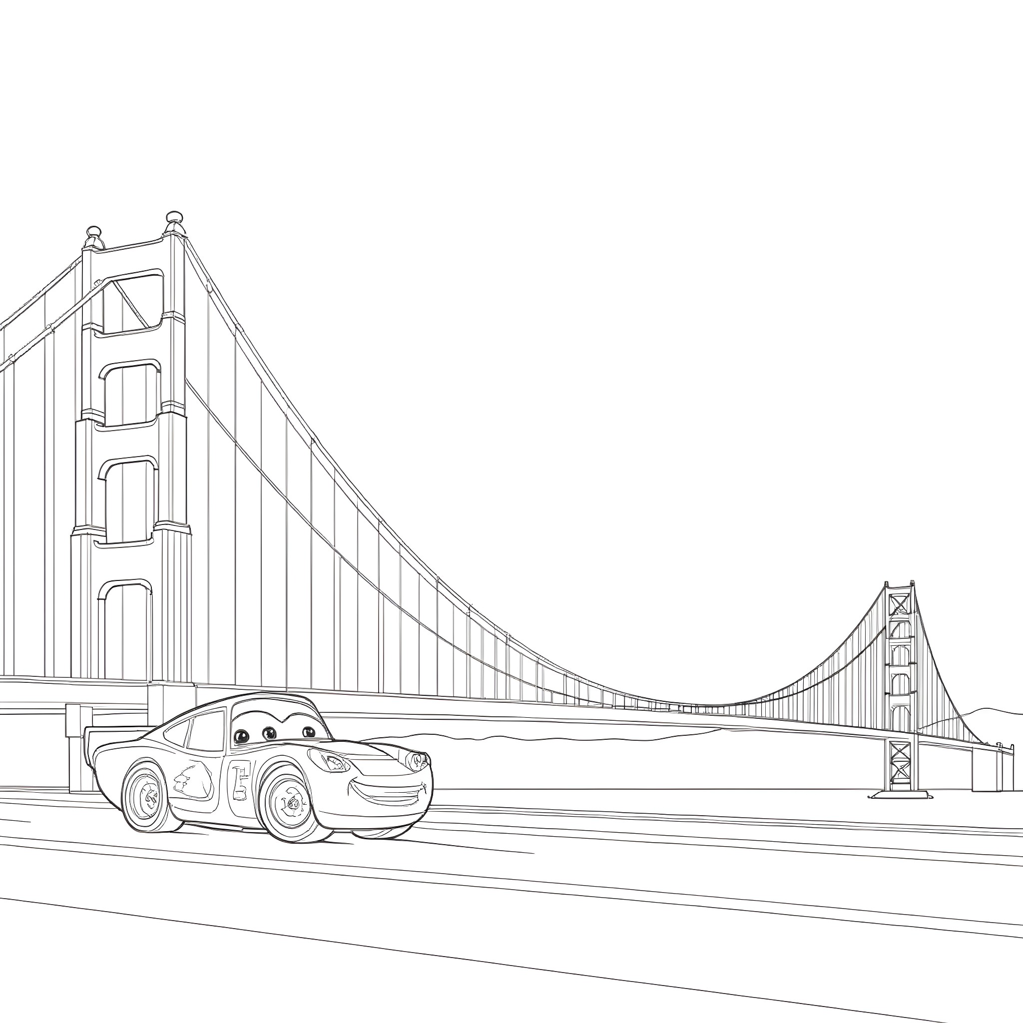 McQueen driving across the Golden Gate Bridge Coloring Page (free black-and-white line drawing printable PDF for all, from beginners to advanced learners, including children, teens, adults, and seniors)
