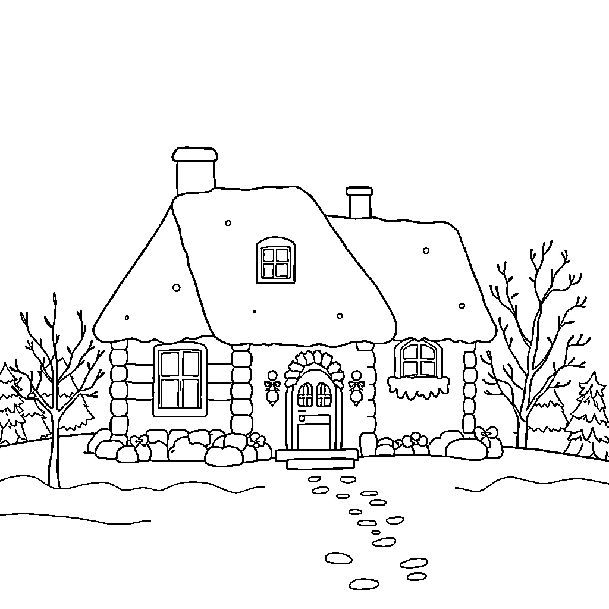 House with Winter Decorations in Snowy Landscape Coloring Page (free black-and-white line drawing printable PDF for all, from beginners to advanced learners, including children, teens, adults, and seniors)
