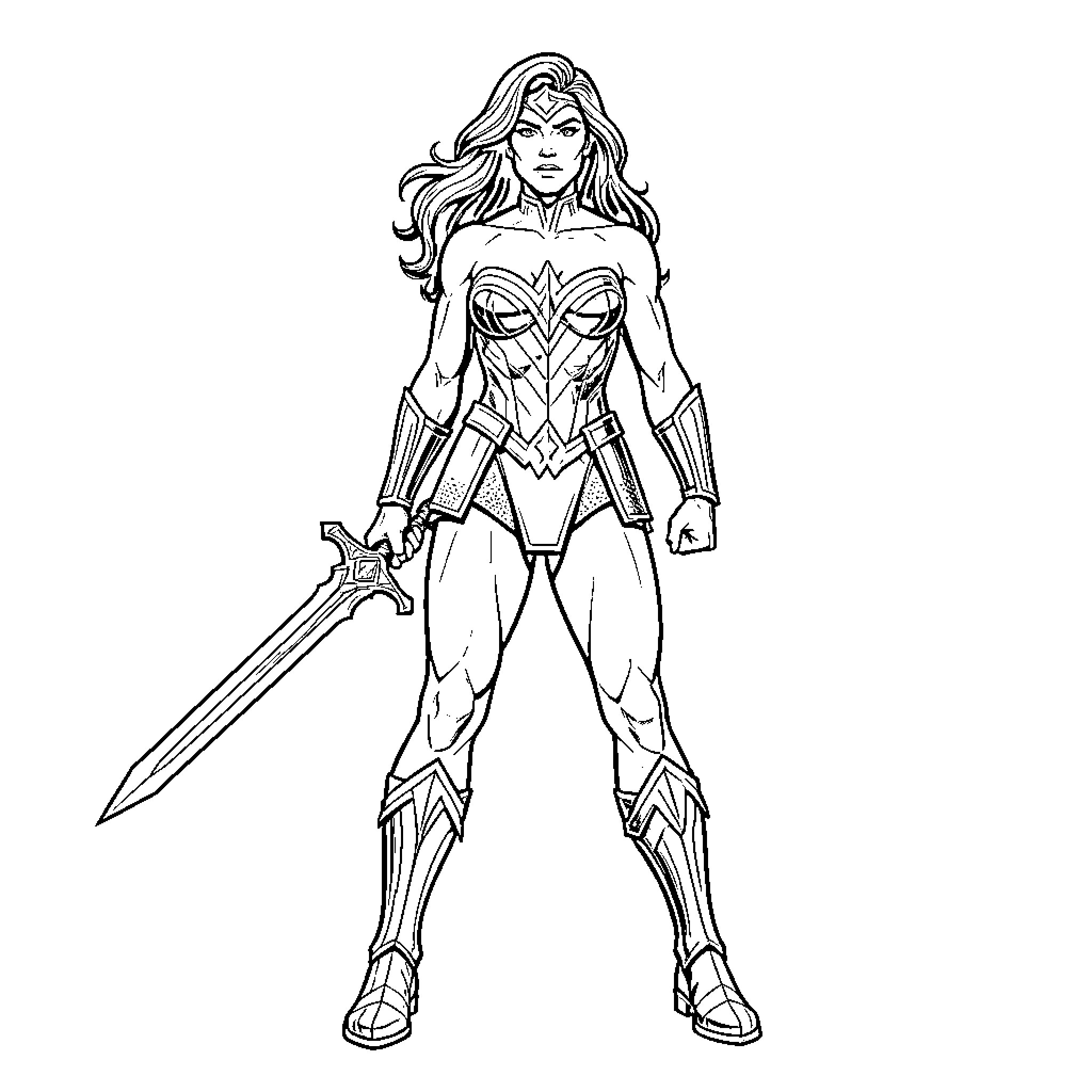 Wonder Woman standing heroically with a sword Coloring Page (free black-and-white line drawing printable PDF for all, from beginners to advanced learners, including children, teens, adults, and seniors)