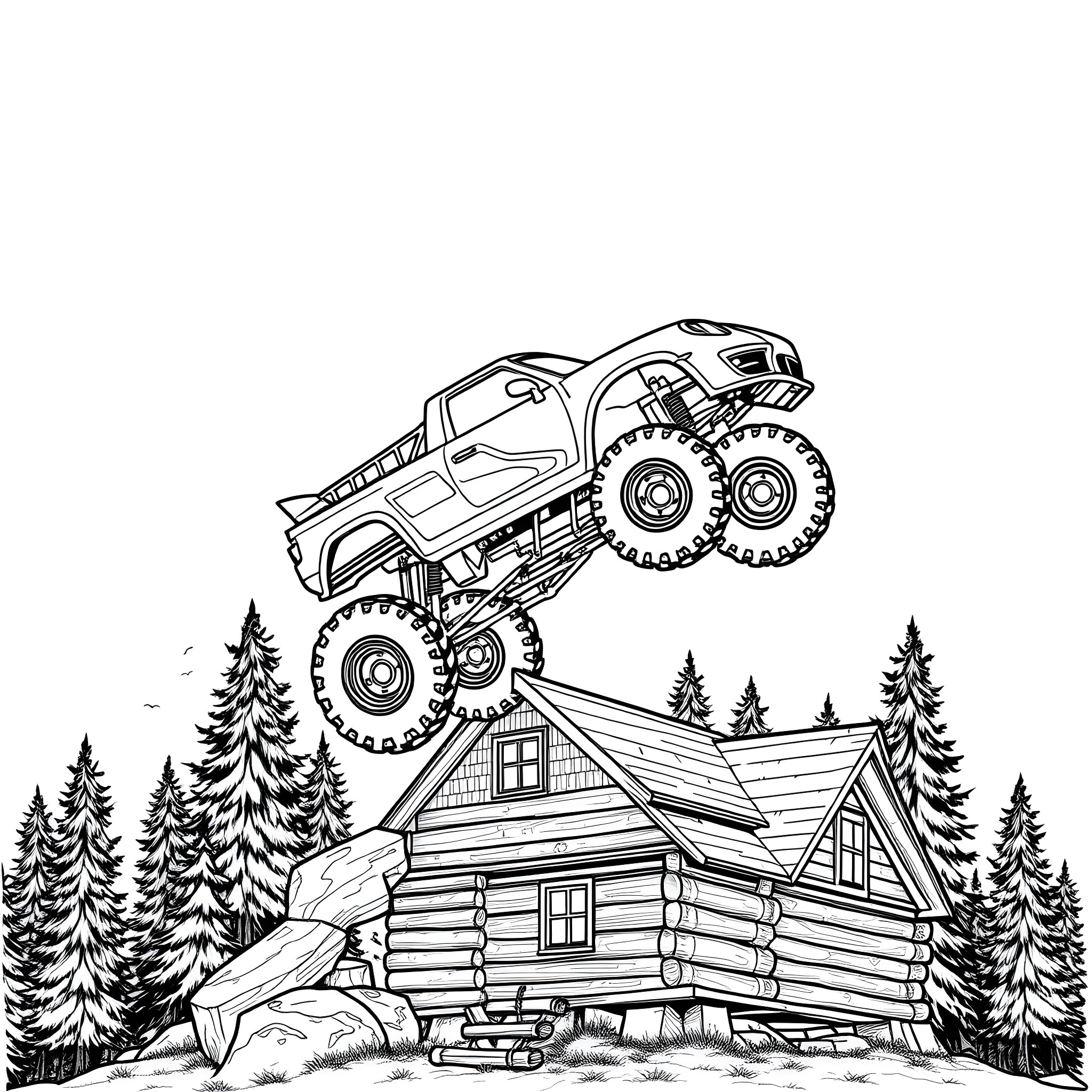 Porsche Monster Truck Soaring Over Rustic Log Cabin Coloring Page (free black-and-white line drawing printable PDF for all, from beginners to advanced learners, including children, teens, adults, and seniors)